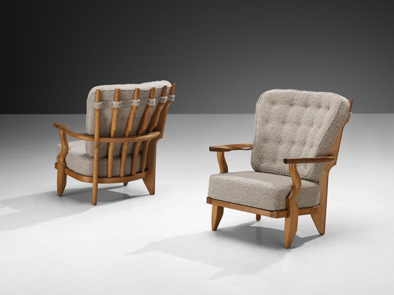 Guillerme & Chambron Pair of 'Petit Repos' Lounge Chairs in Oak and Teddy Fabric