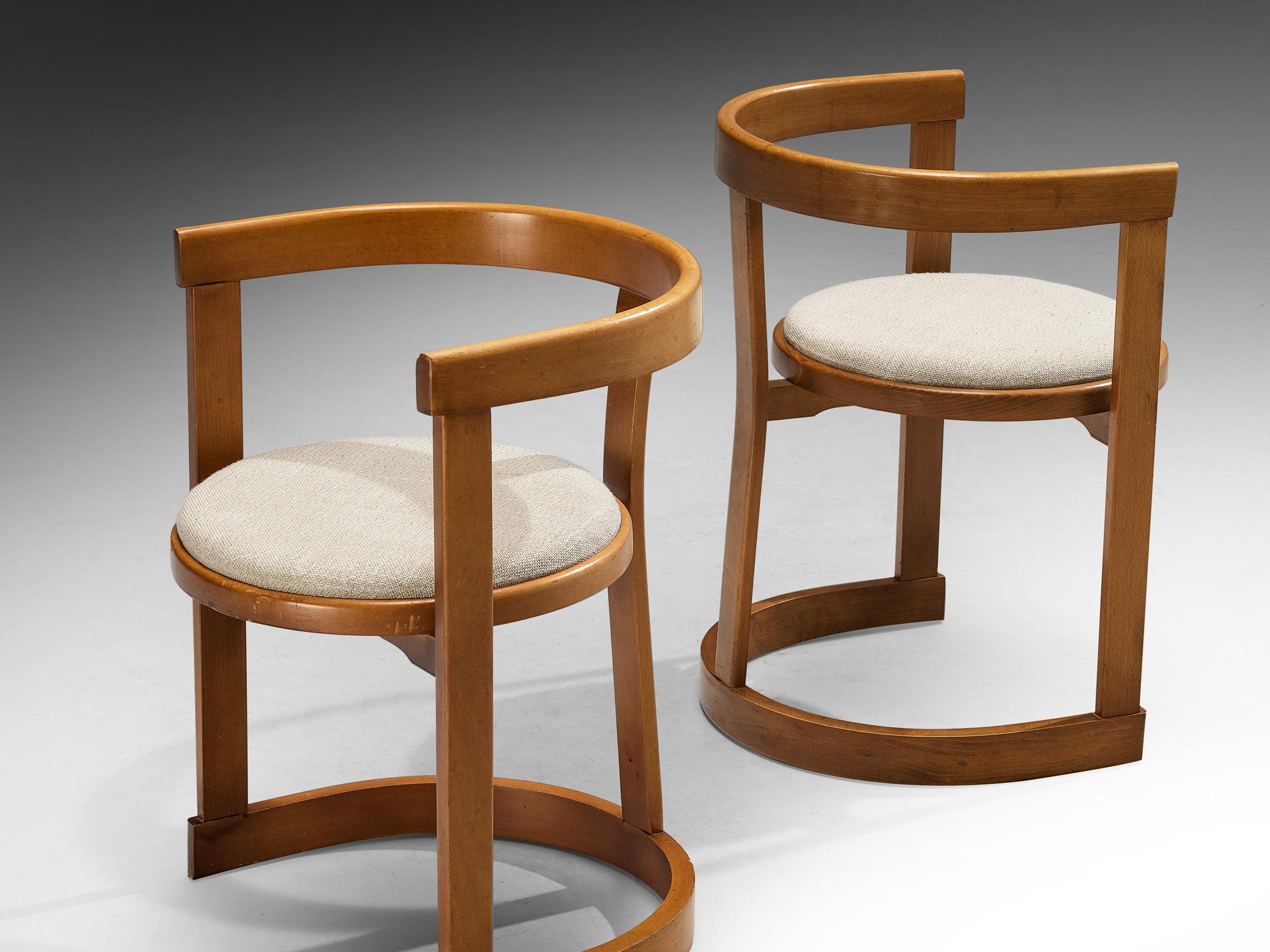 Italian Set of Six Sculptural Dining Chairs in Wood and Fabric Upholstery