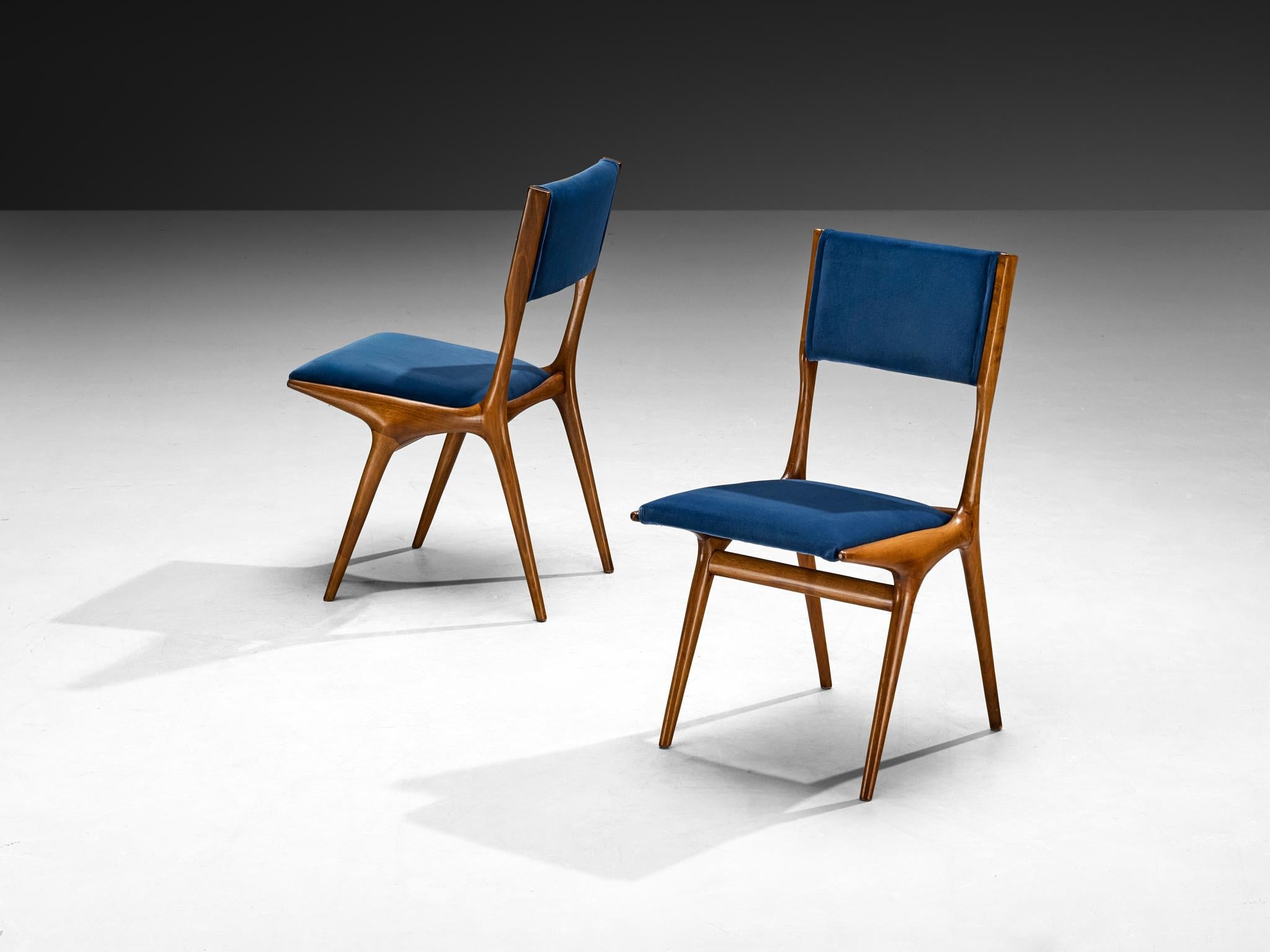 Carlo De Carli for Cassina '634' Dining Chairs Walnut and Blue Upholstery