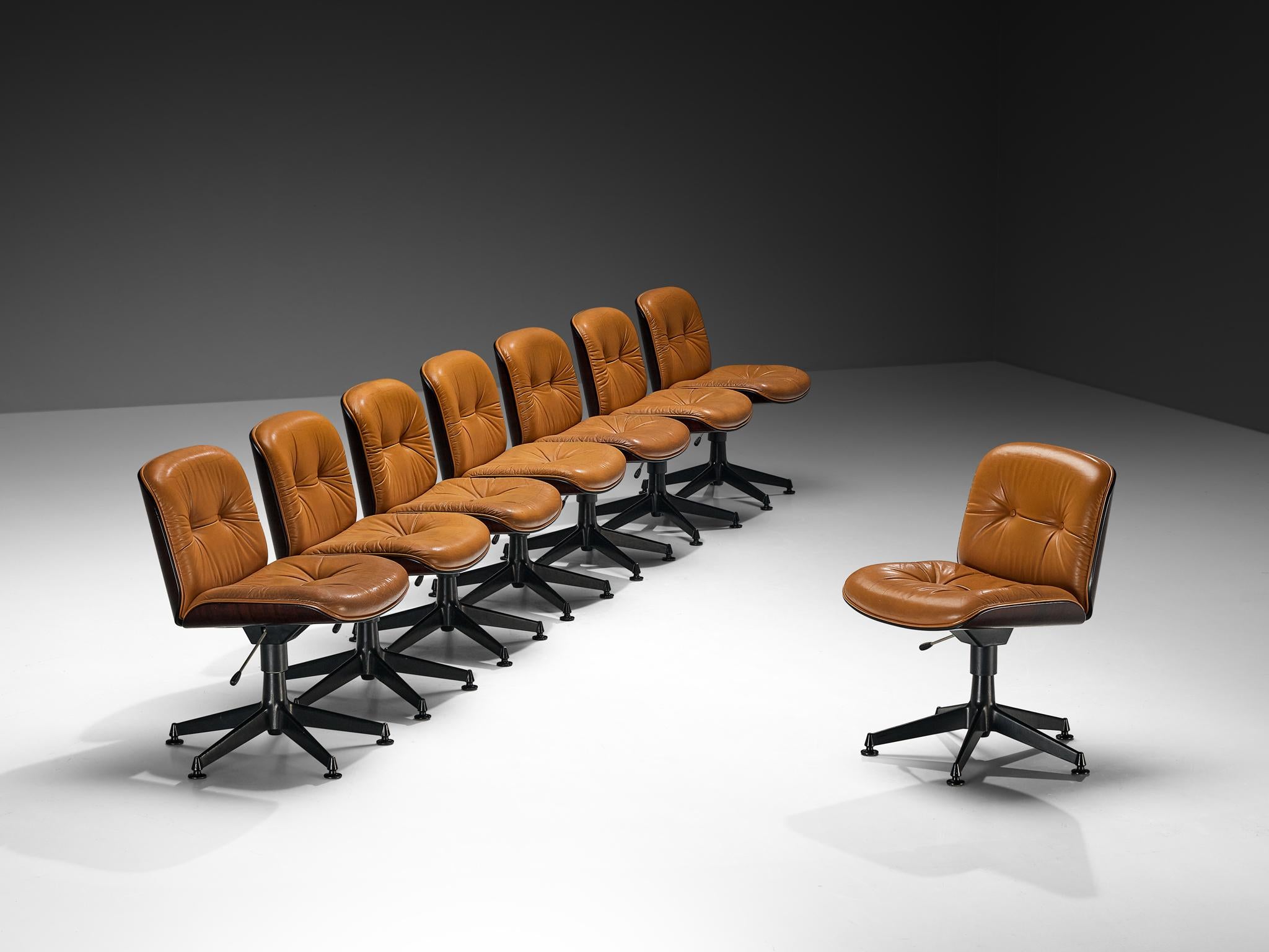 Ennio Fazioli for Mim Roma Set of Eight Swivel Office Chairs in Leather