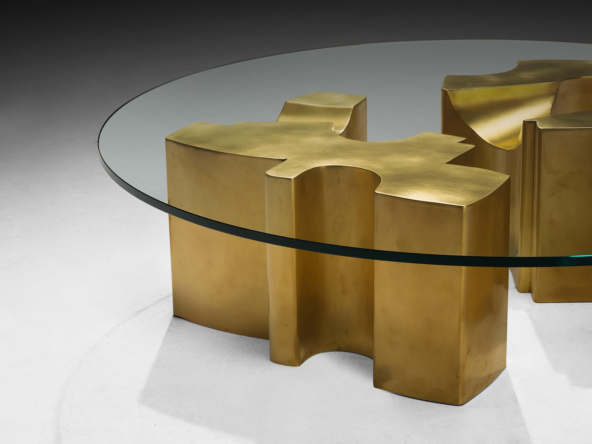 Jean Claude Dresse Coffee Table with Geometric Sculptural Base in Brass