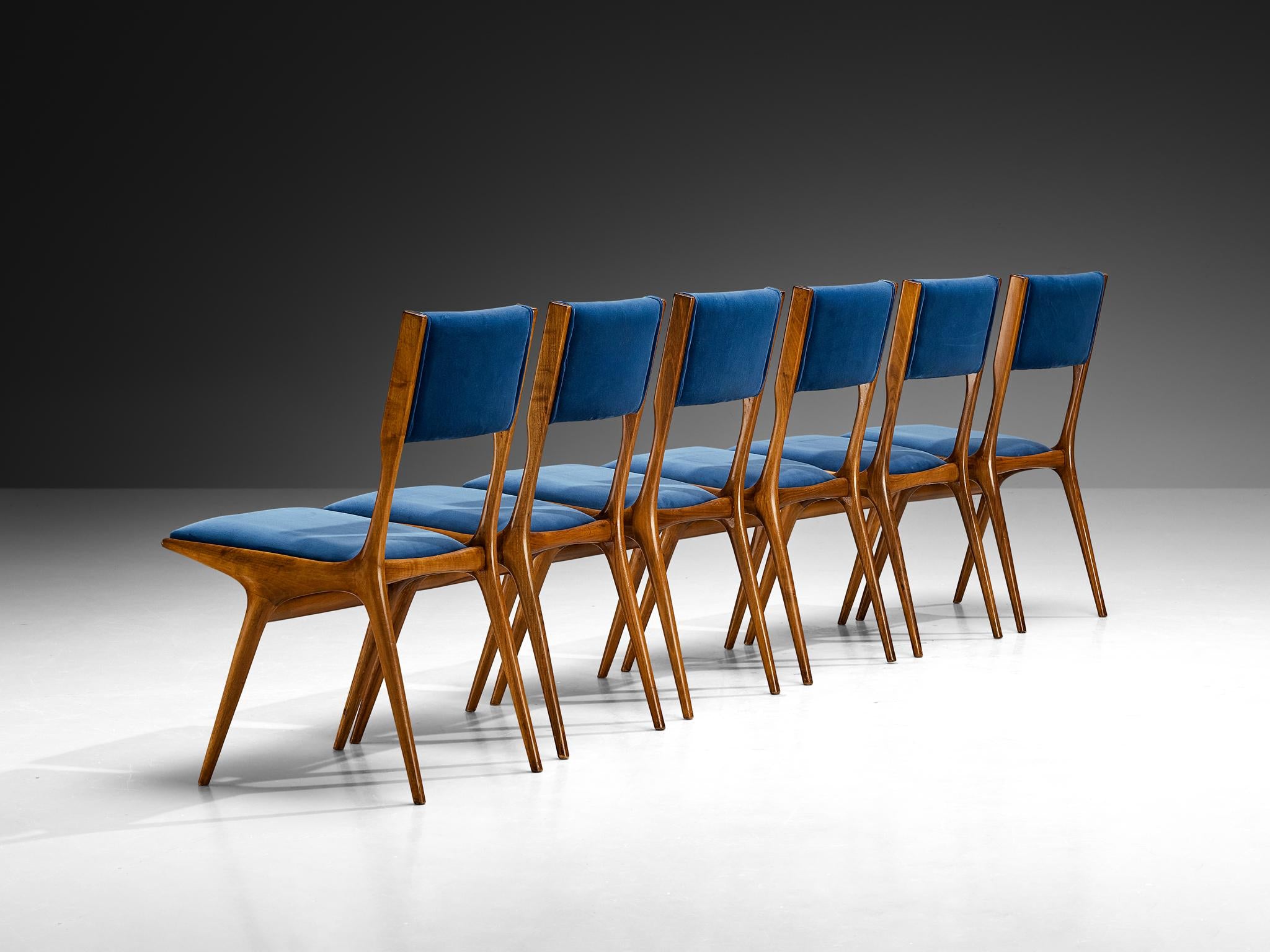 Carlo De Carli for Cassina '634' Dining Chairs Walnut and Blue Upholstery