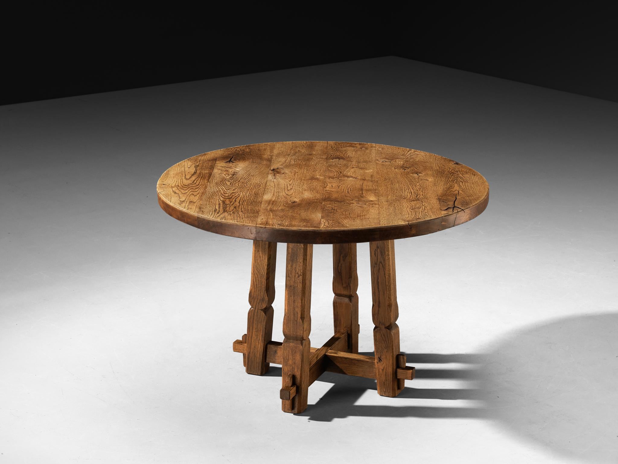 Rustic Round Dining Table in Solid Oak with Carved Base