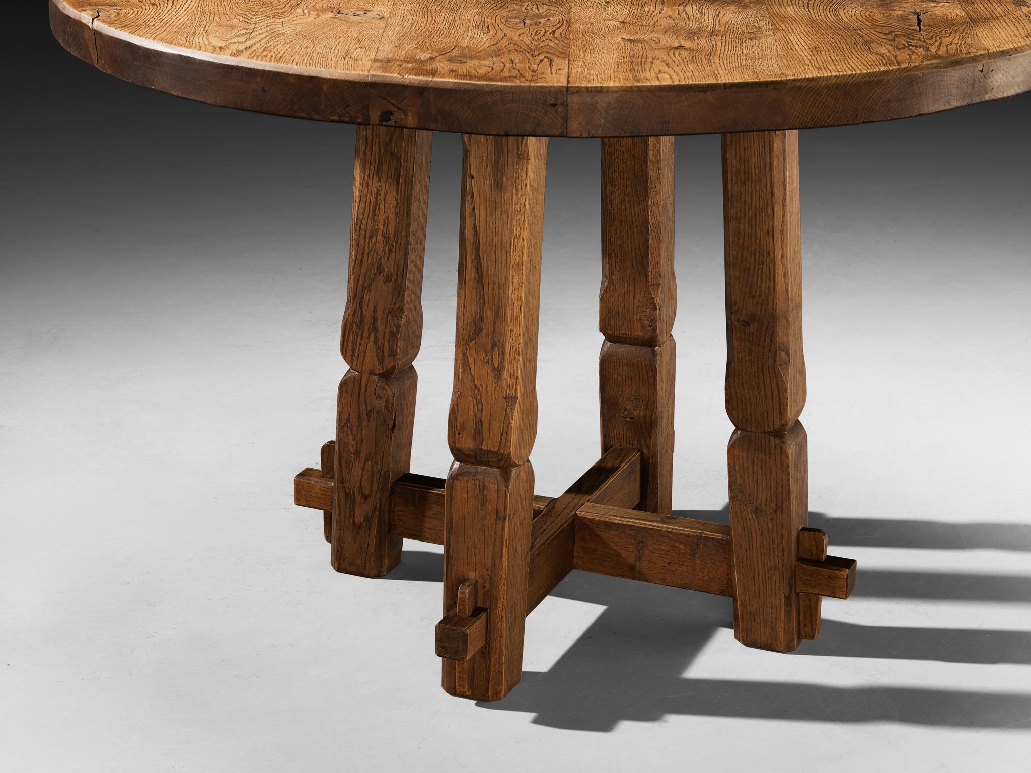 Rustic Round Dining Table in Solid Oak with Carved Base