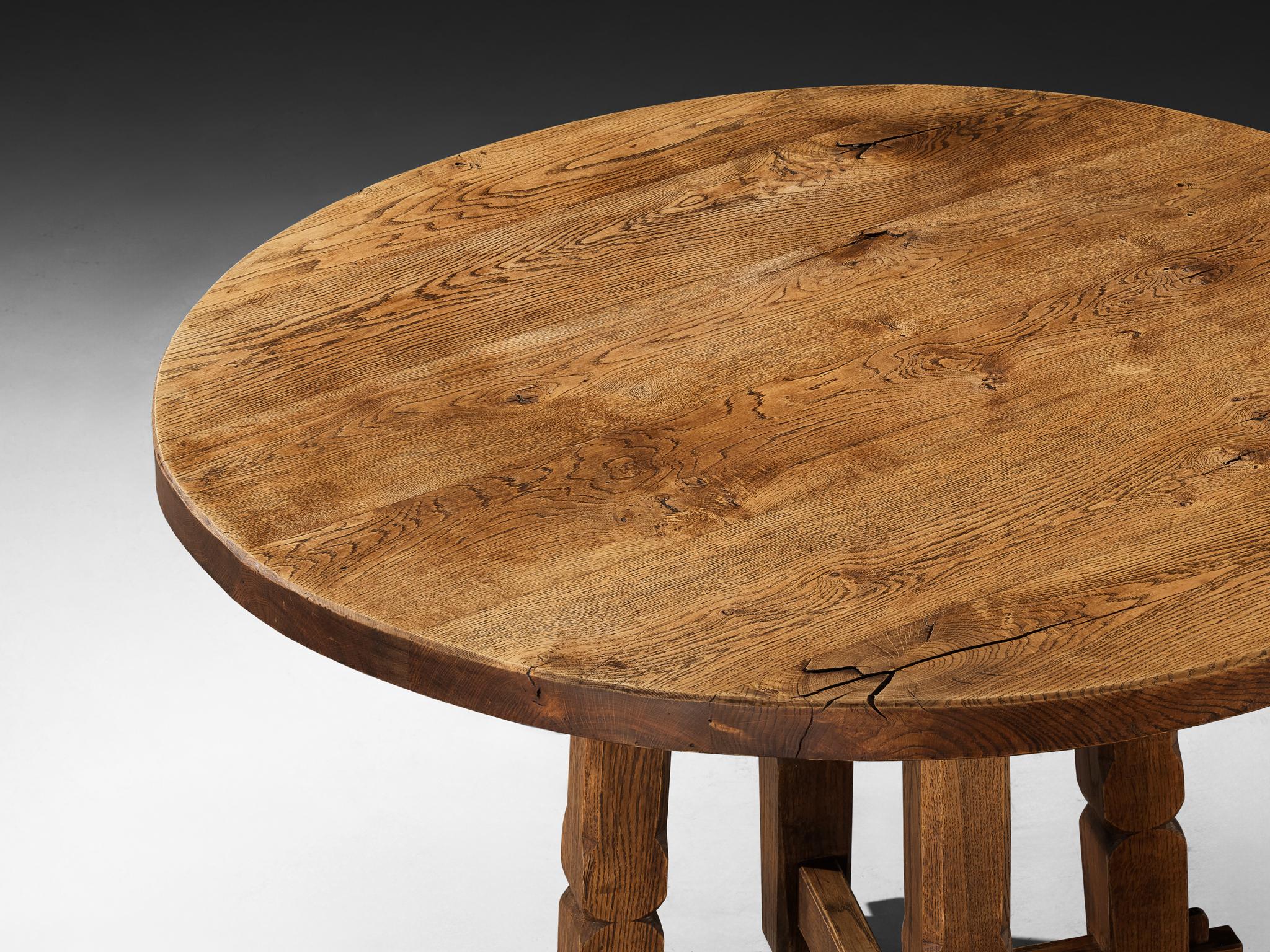 Rustic Round Dining Table in Solid Oak with Carved Base