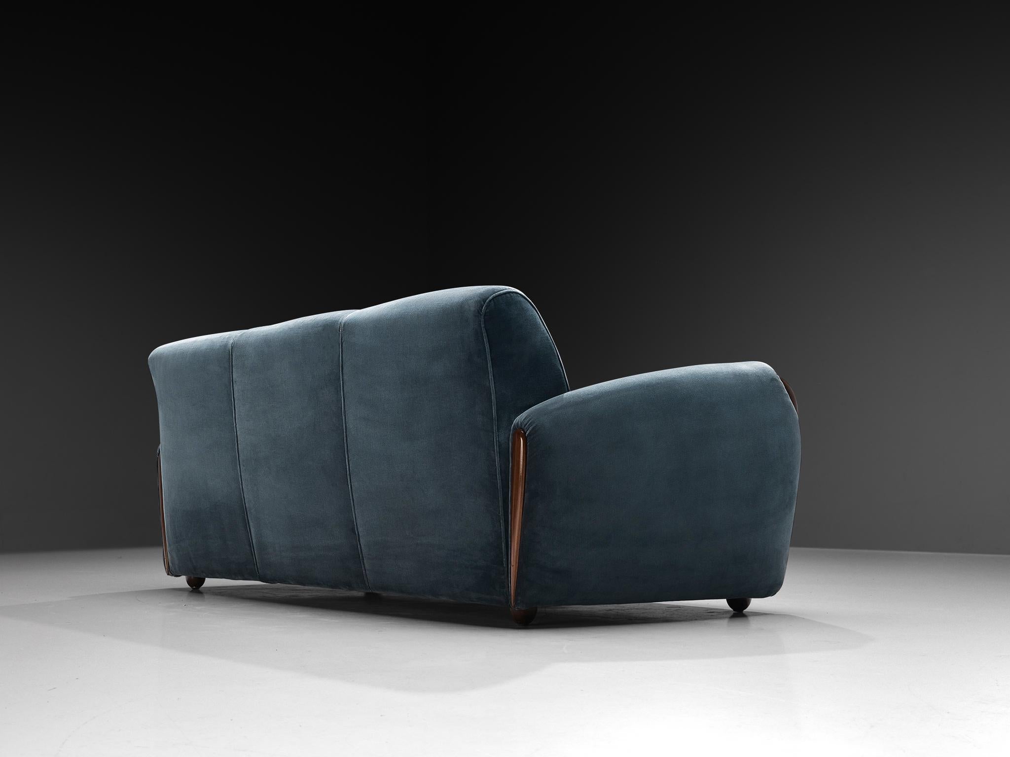 Rare Osvaldo Borsani for ABV Three-Seat Sofa in Walnut and Blue Velvet