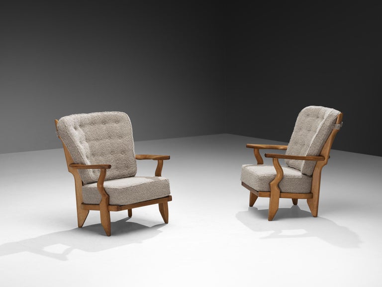 Guillerme & Chambron Pair of 'Petit Repos' Lounge Chairs in Oak and Teddy Fabric