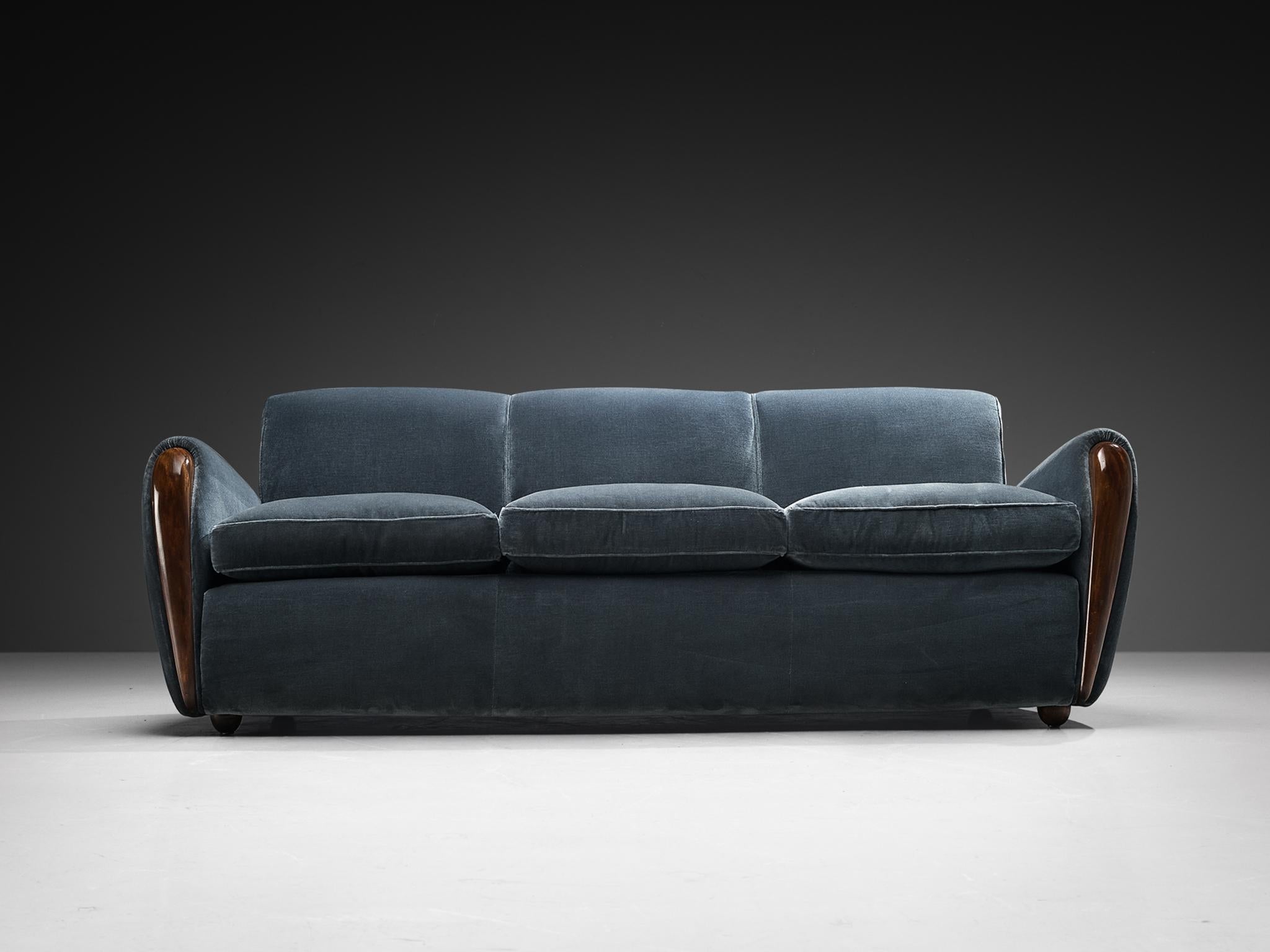 Rare Osvaldo Borsani for ABV Three-Seat Sofa in Walnut and Blue Velvet