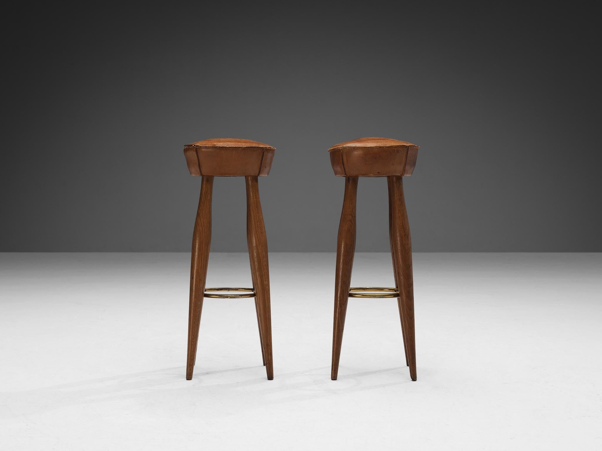 Italian Stools in Oak and Cognac Leather