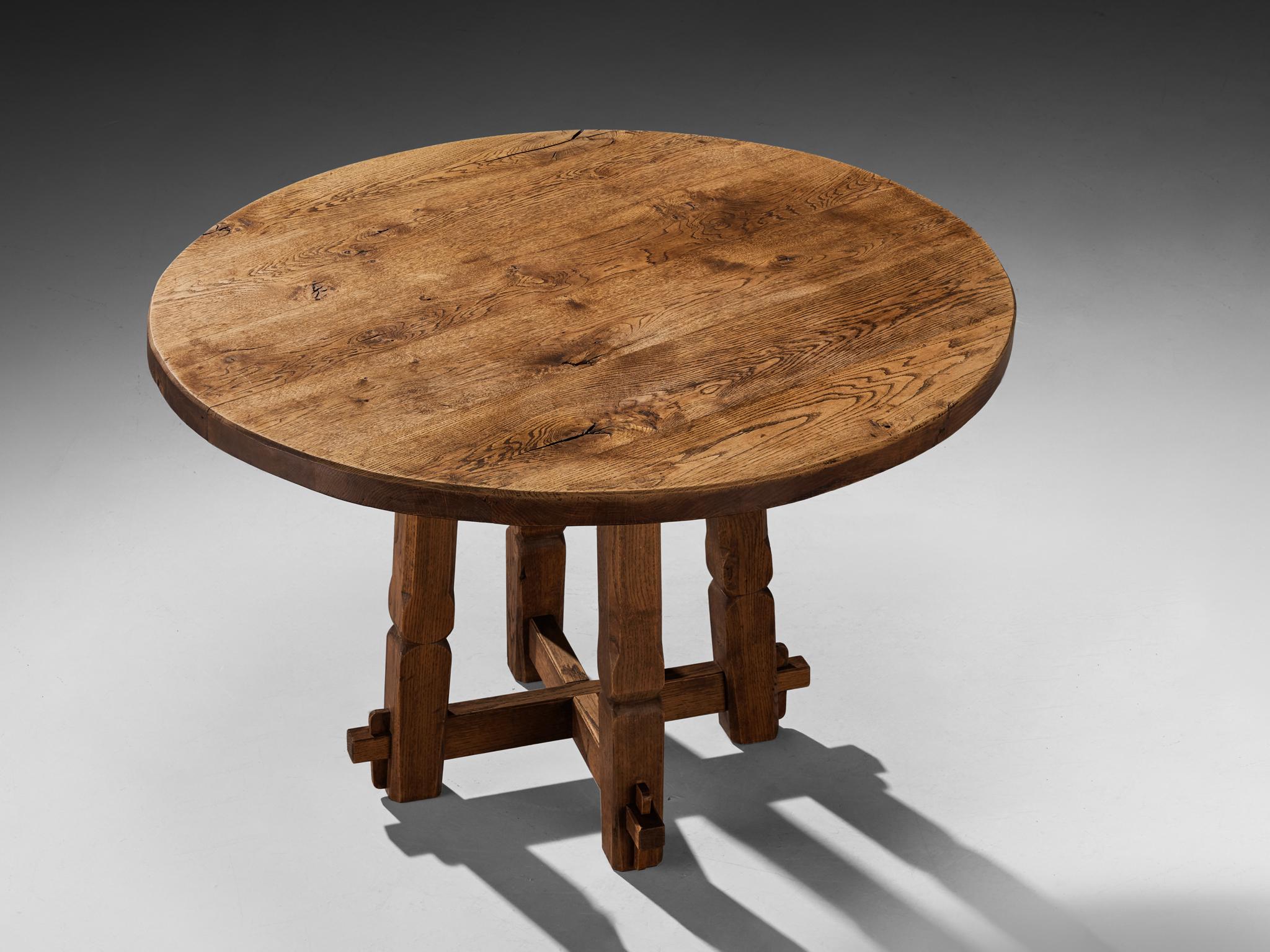 Rustic Round Dining Table in Solid Oak with Carved Base