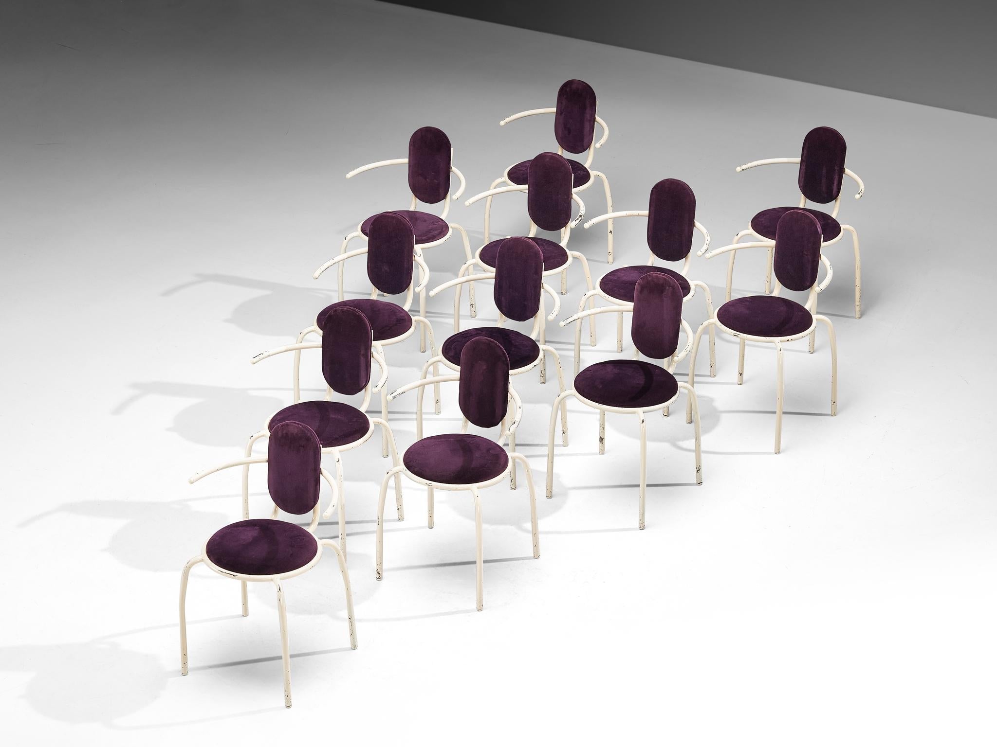 Italian Post-Modern Set of Twelve Armchairs in Purple Corduroy and Steel