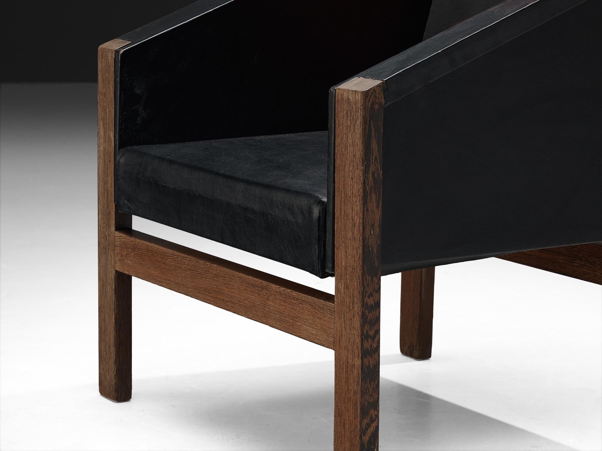 Geometric Armchair in Wengé and Black Leatherette