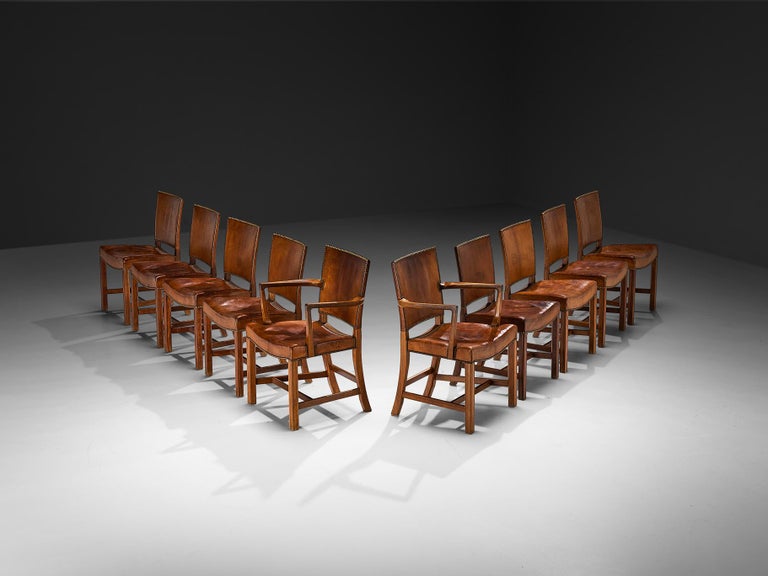 Kaare Klint for Rud Rasmussen Set of Ten Dining and Armchairs in Cognac Leather