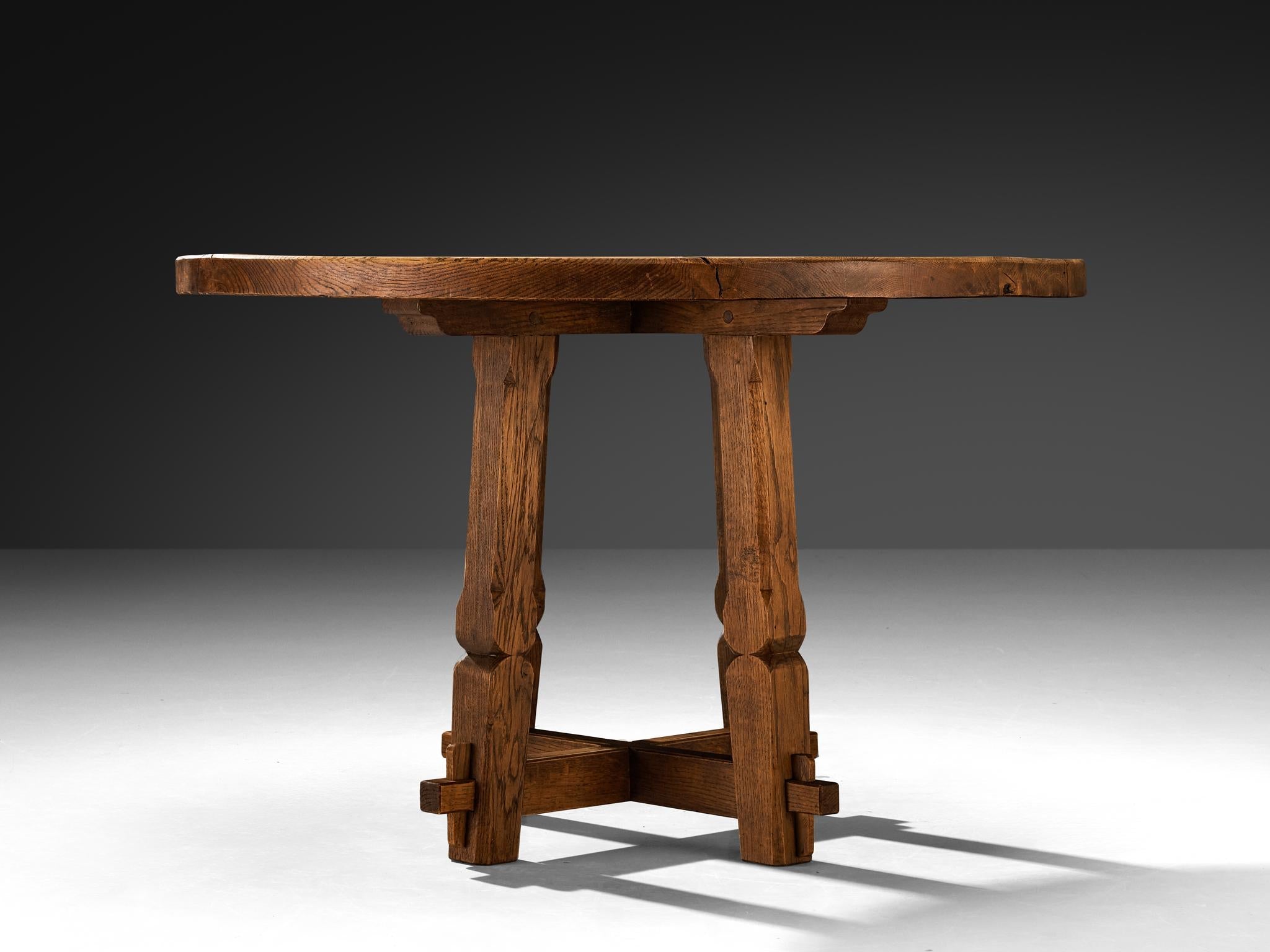 Rustic Round Dining Table in Solid Oak with Carved Base