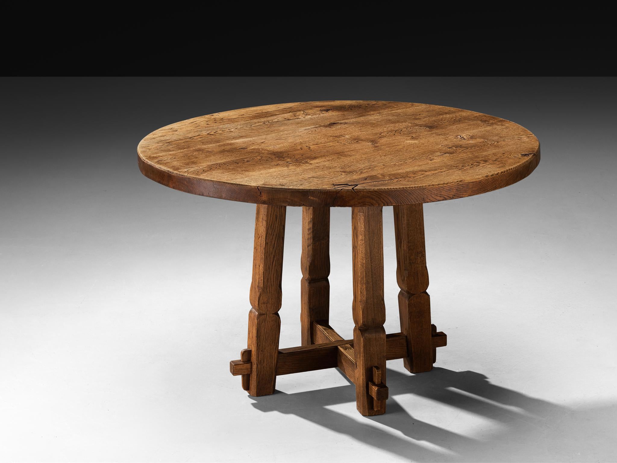 Rustic Round Dining Table in Solid Oak with Carved Base