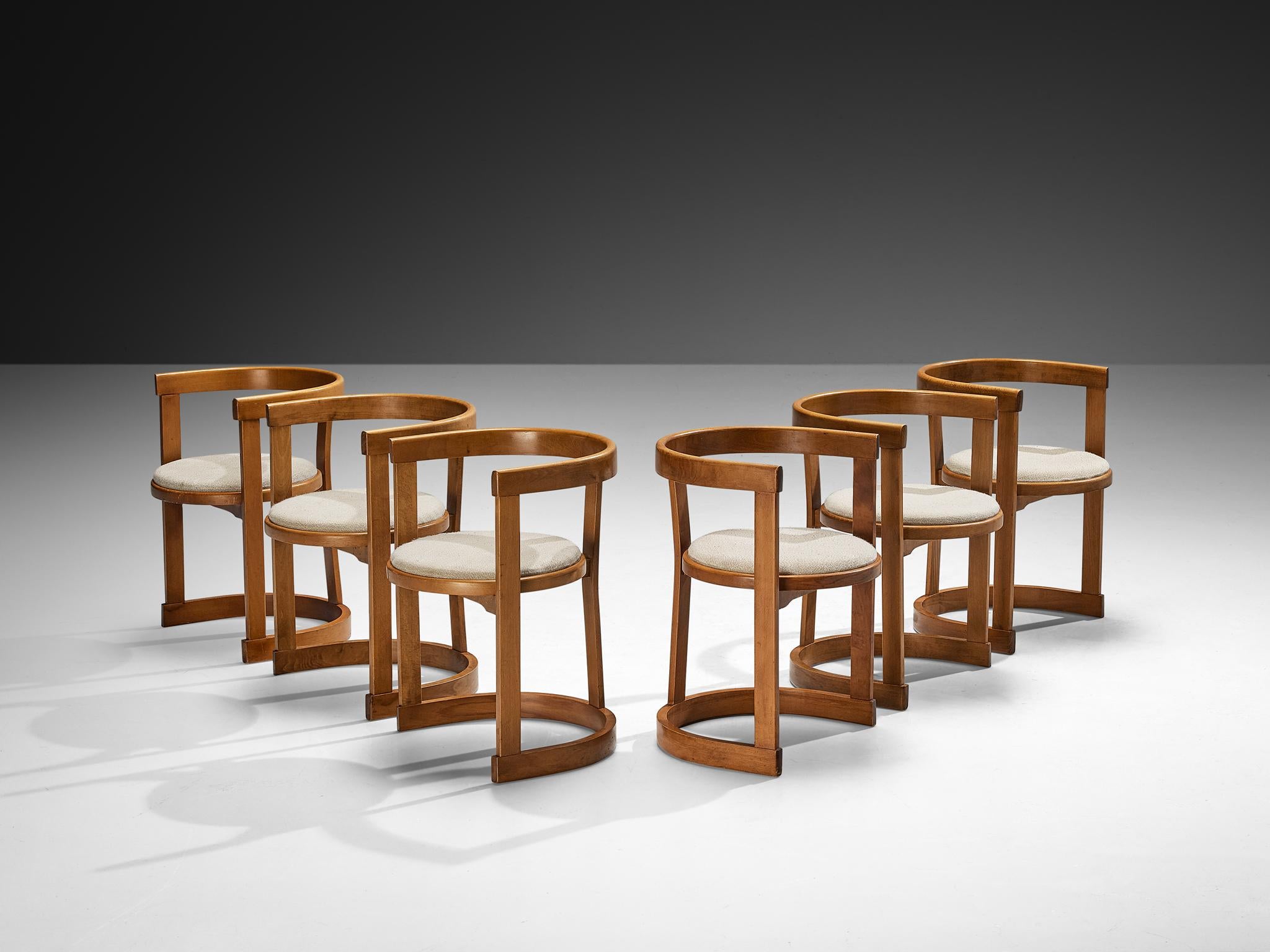 Italian Set of Six Sculptural Dining Chairs in Wood and Fabric Upholstery