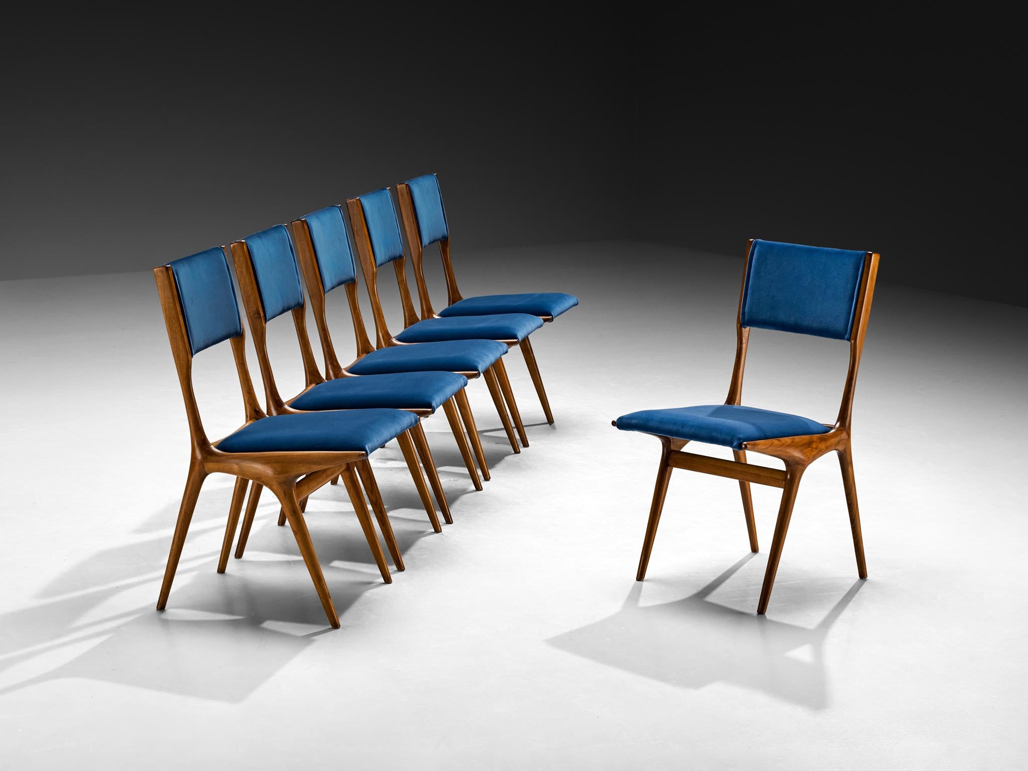 Carlo De Carli for Cassina '634' Dining Chairs Walnut and Blue Upholstery