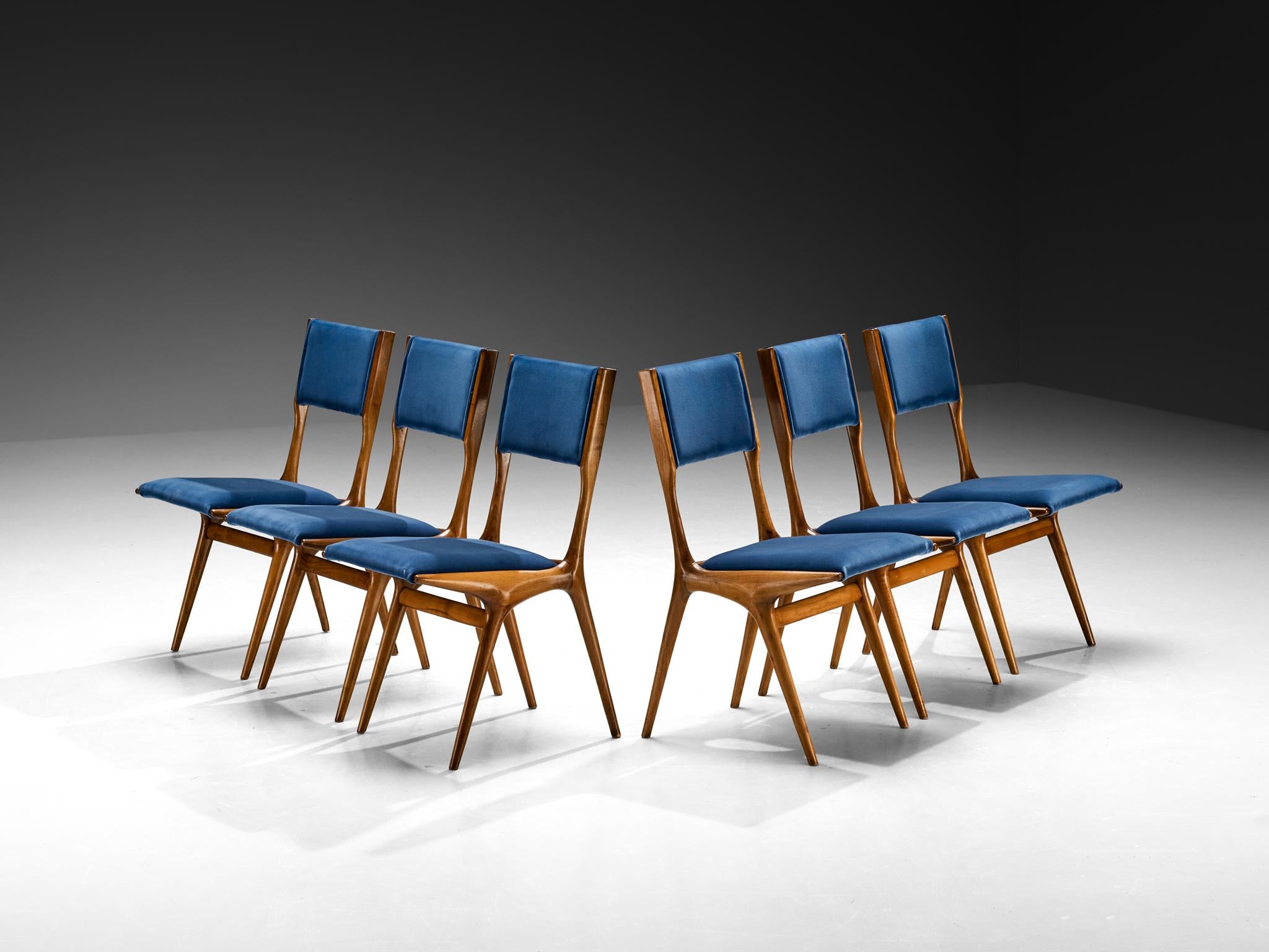 Carlo De Carli for Cassina '634' Dining Chairs Walnut and Blue Upholstery