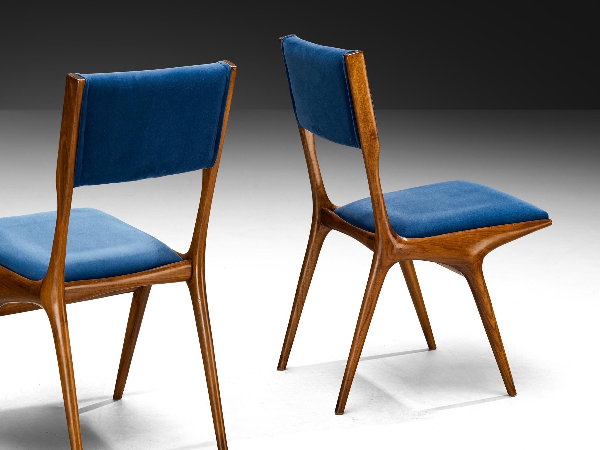 Carlo De Carli for Cassina '634' Dining Chairs Walnut and Blue Upholstery