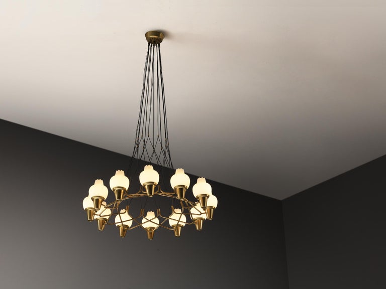 Hans Bergström for Ateljé Lyktan Chandeliers in Brass and Frosted Glass