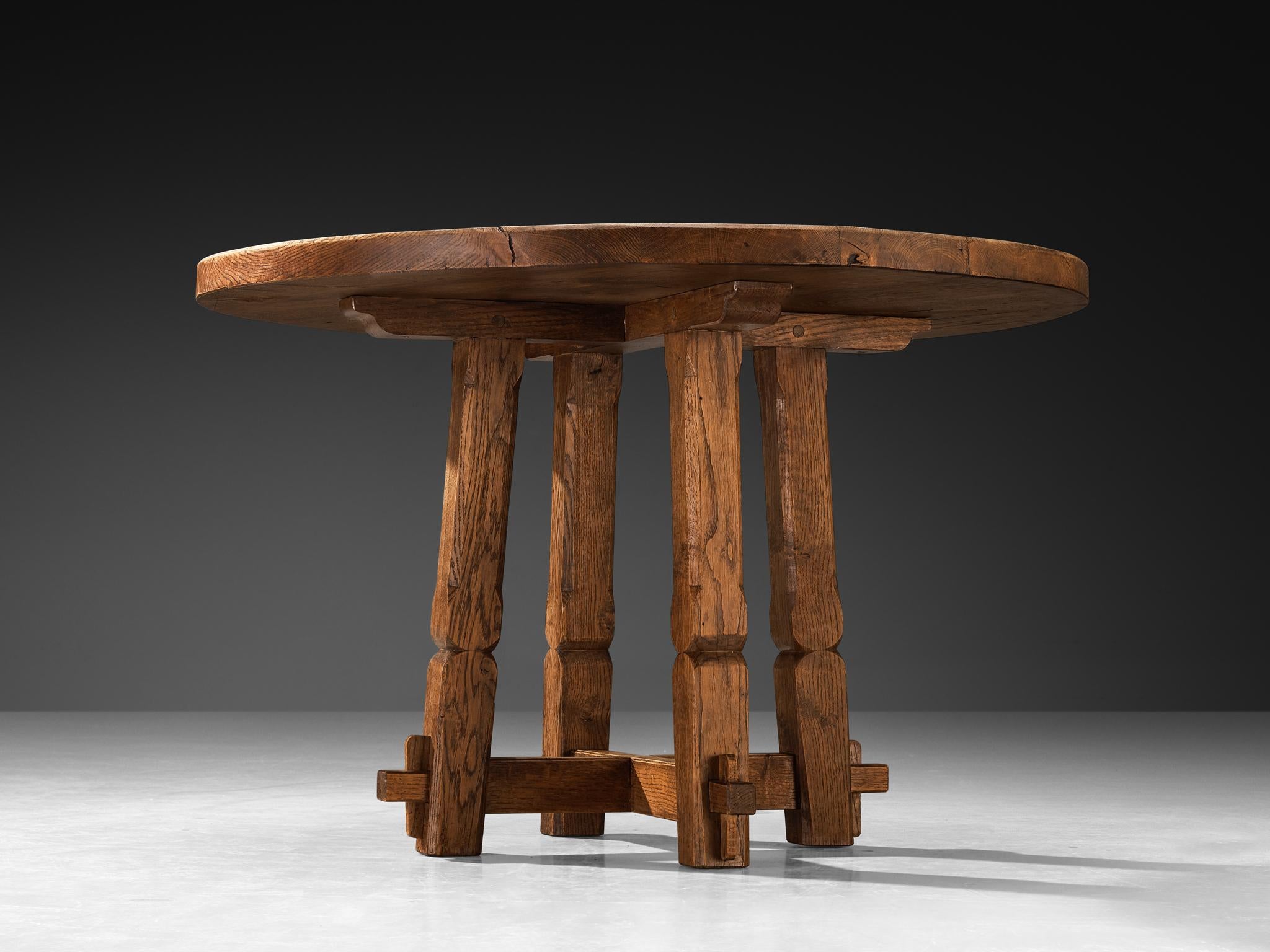 Rustic Round Dining Table in Solid Oak with Carved Base