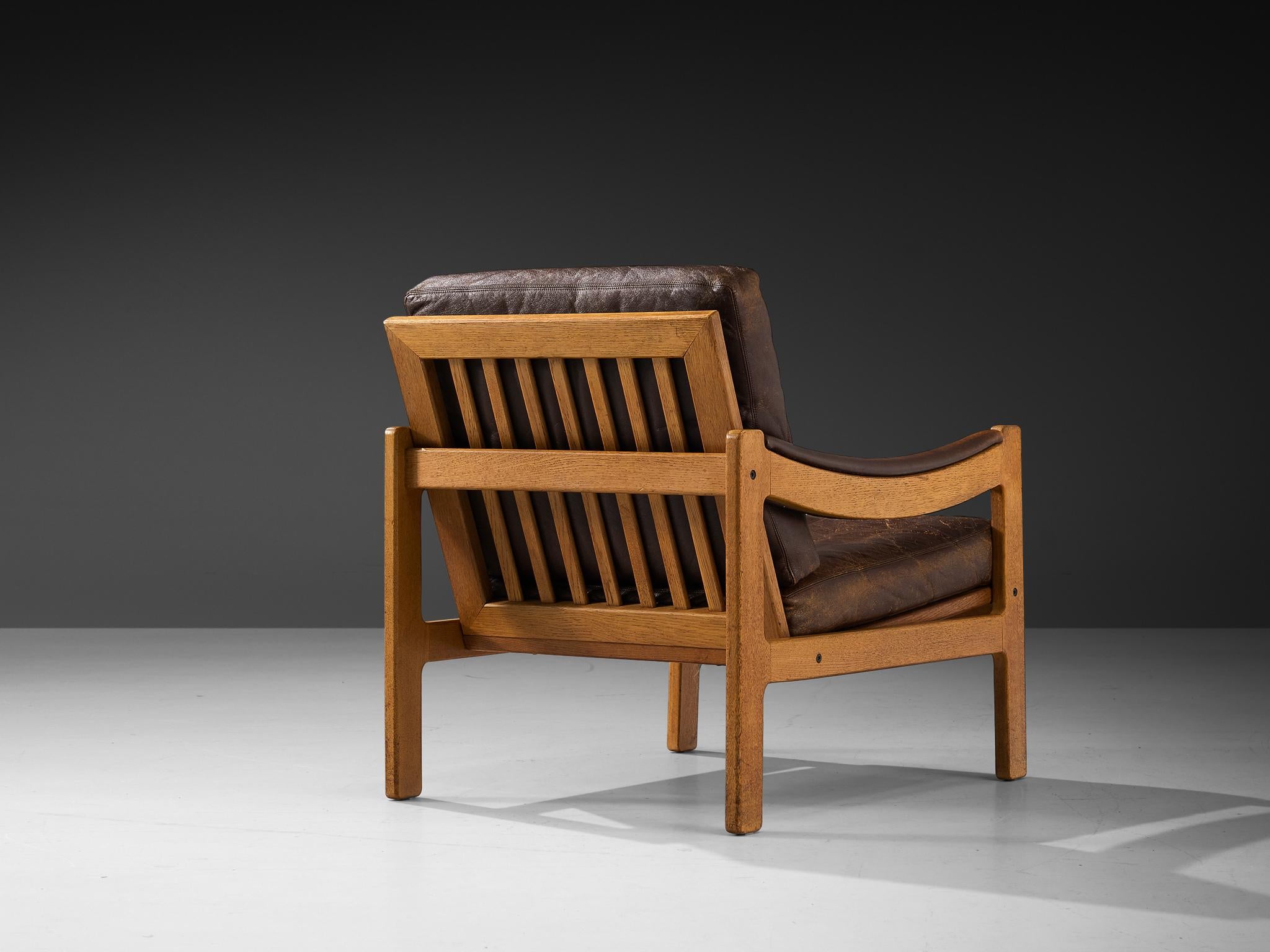 Danish Lounge Chair in Brown Leather and Oak