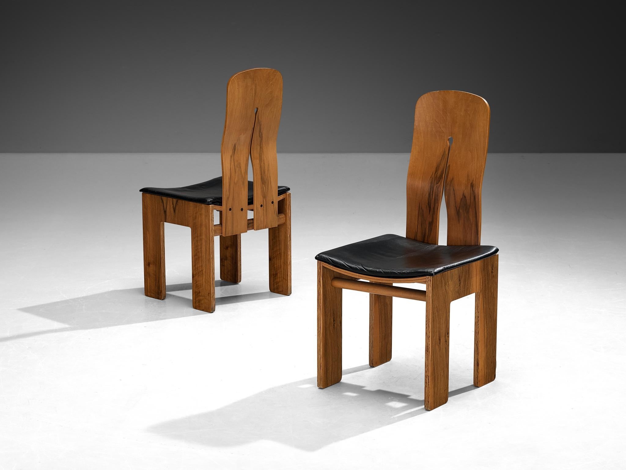 Carlo Scarpa for Bernini Set of Six Dining Chairs in Walnut and Leather