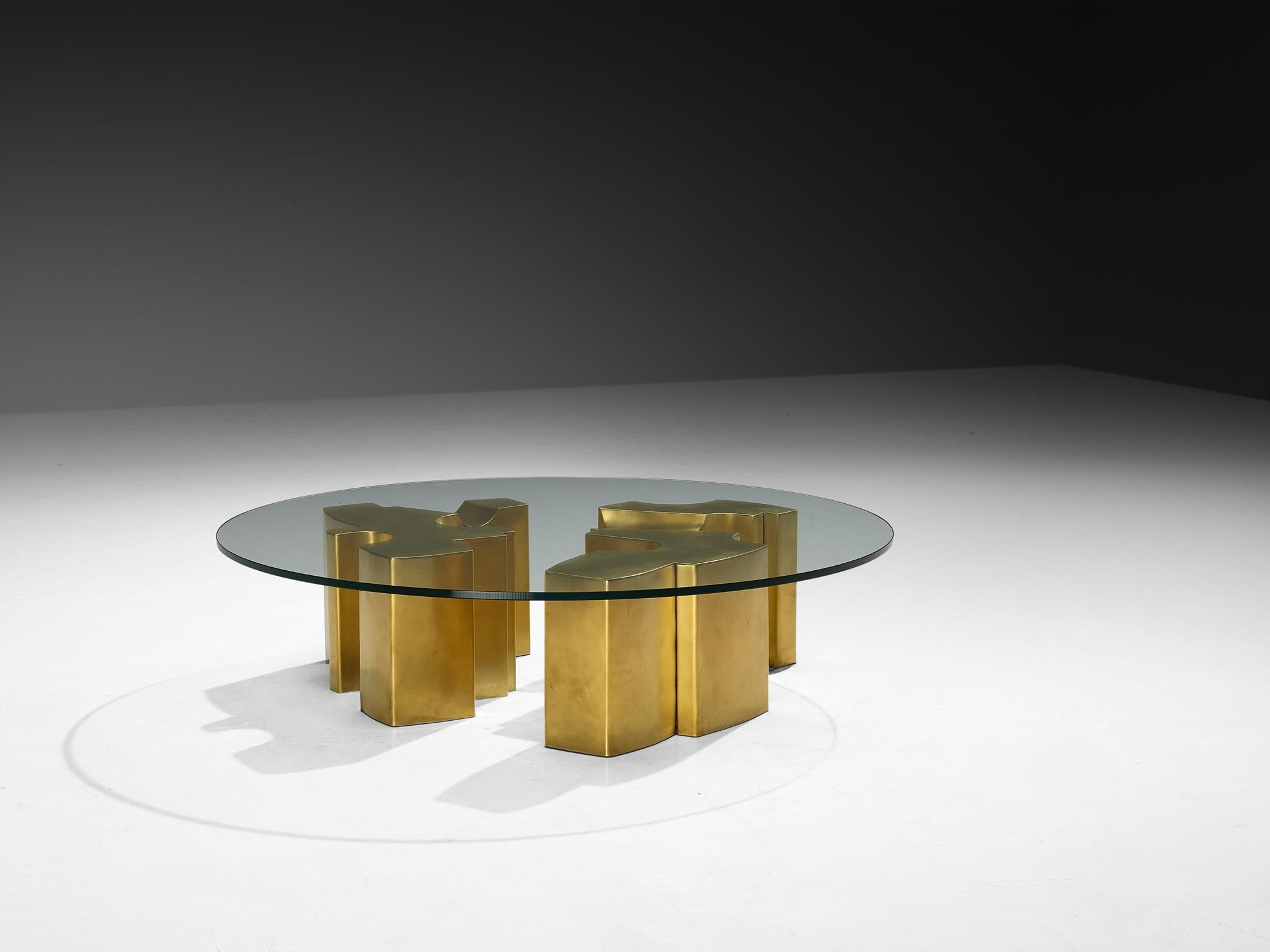 Jean Claude Dresse Coffee Table with Geometric Sculptural Base in Brass