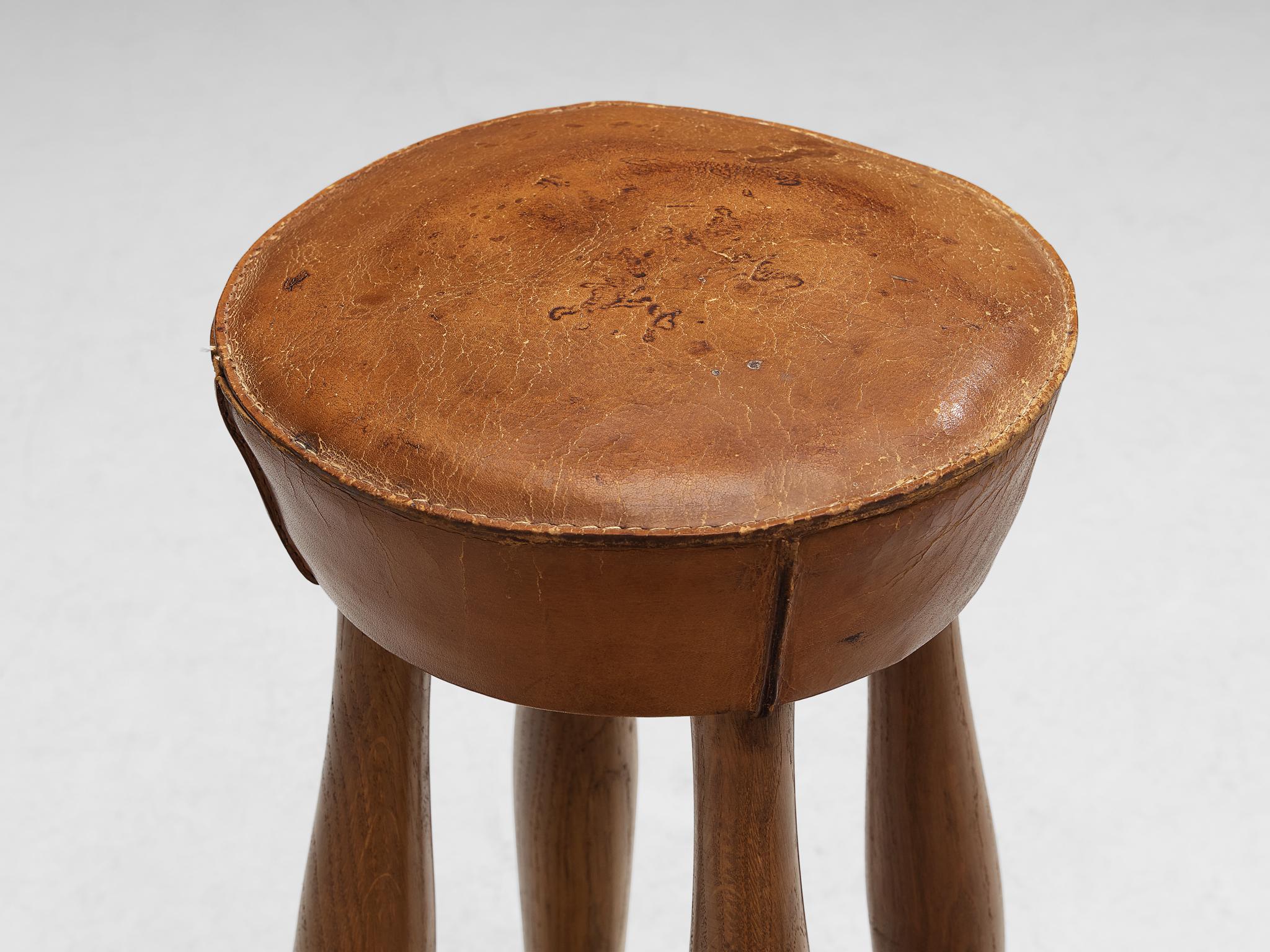 Italian Stools in Oak and Cognac Leather