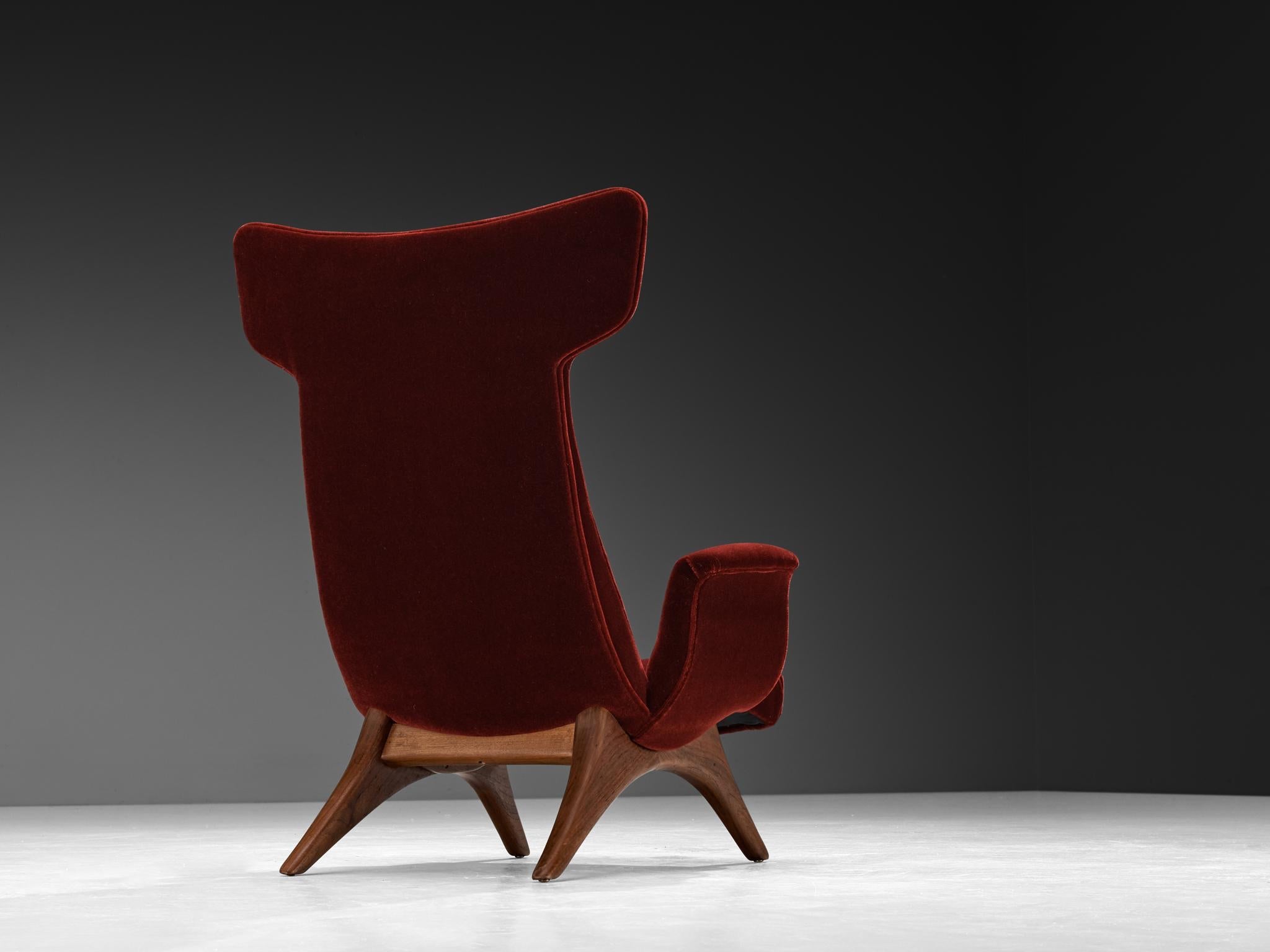 Vladimir Kagan '503' Lounge Chair in Walnut and Burgundy Red Mohair