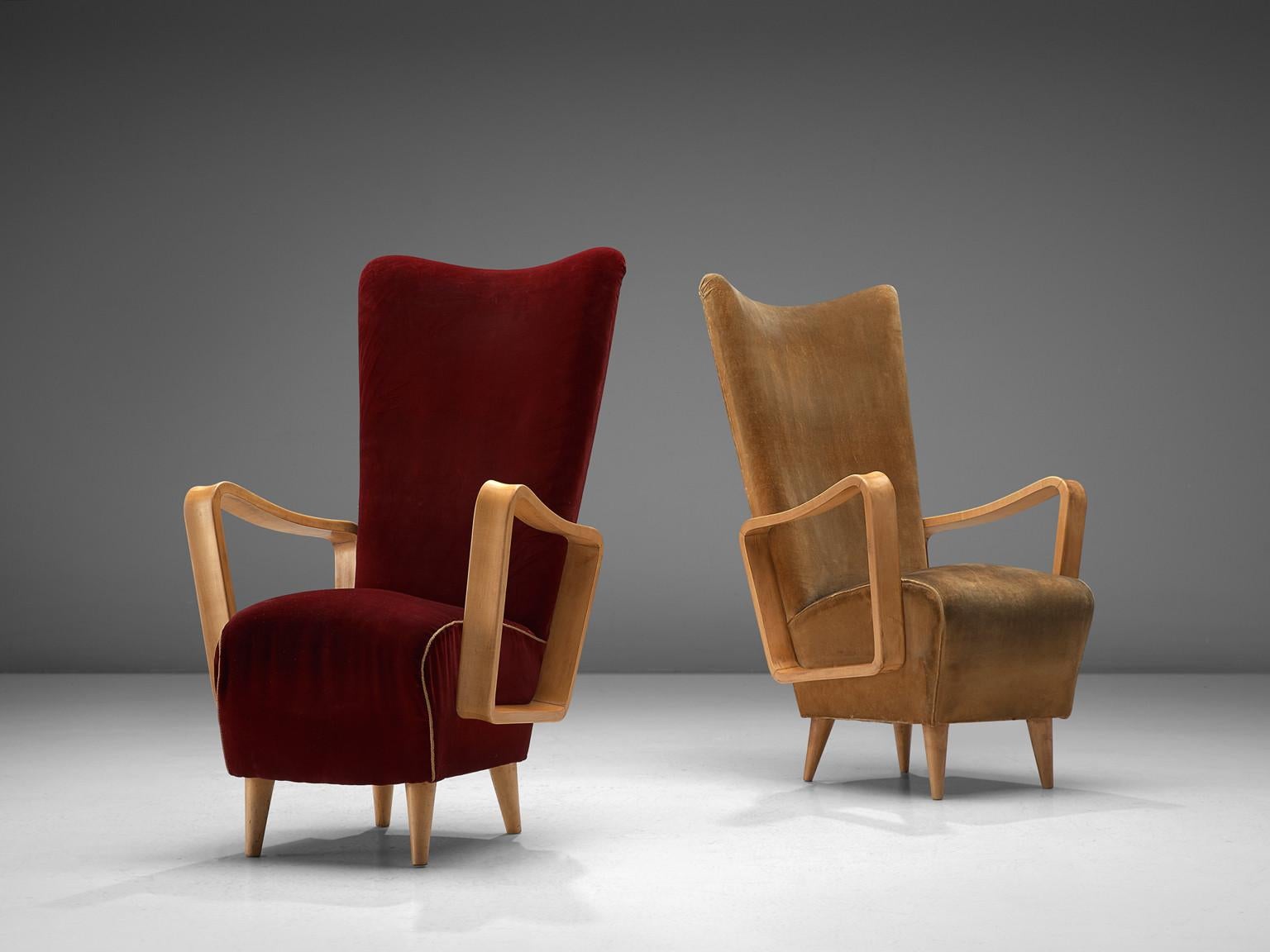 Pietro Lingeri Pair of High Back Lounge Chairs in Velvet Upholstery
