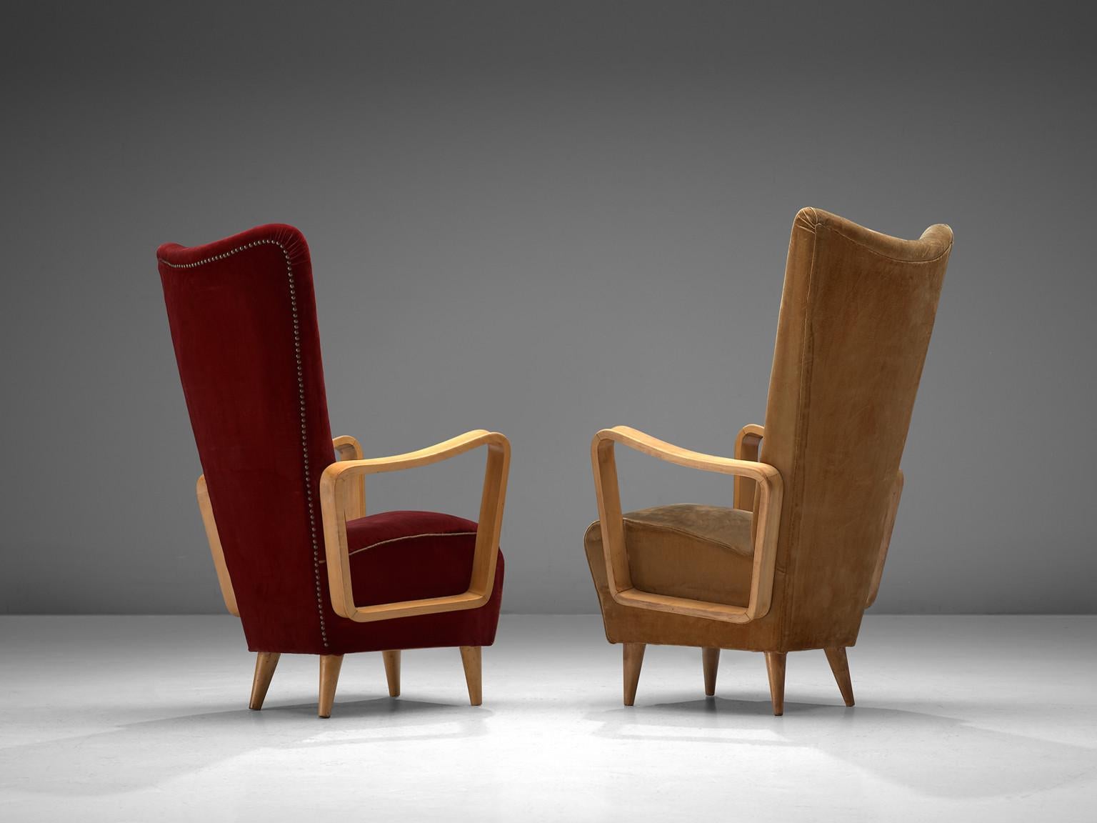 Pietro Lingeri Pair of High Back Lounge Chairs in Velvet Upholstery