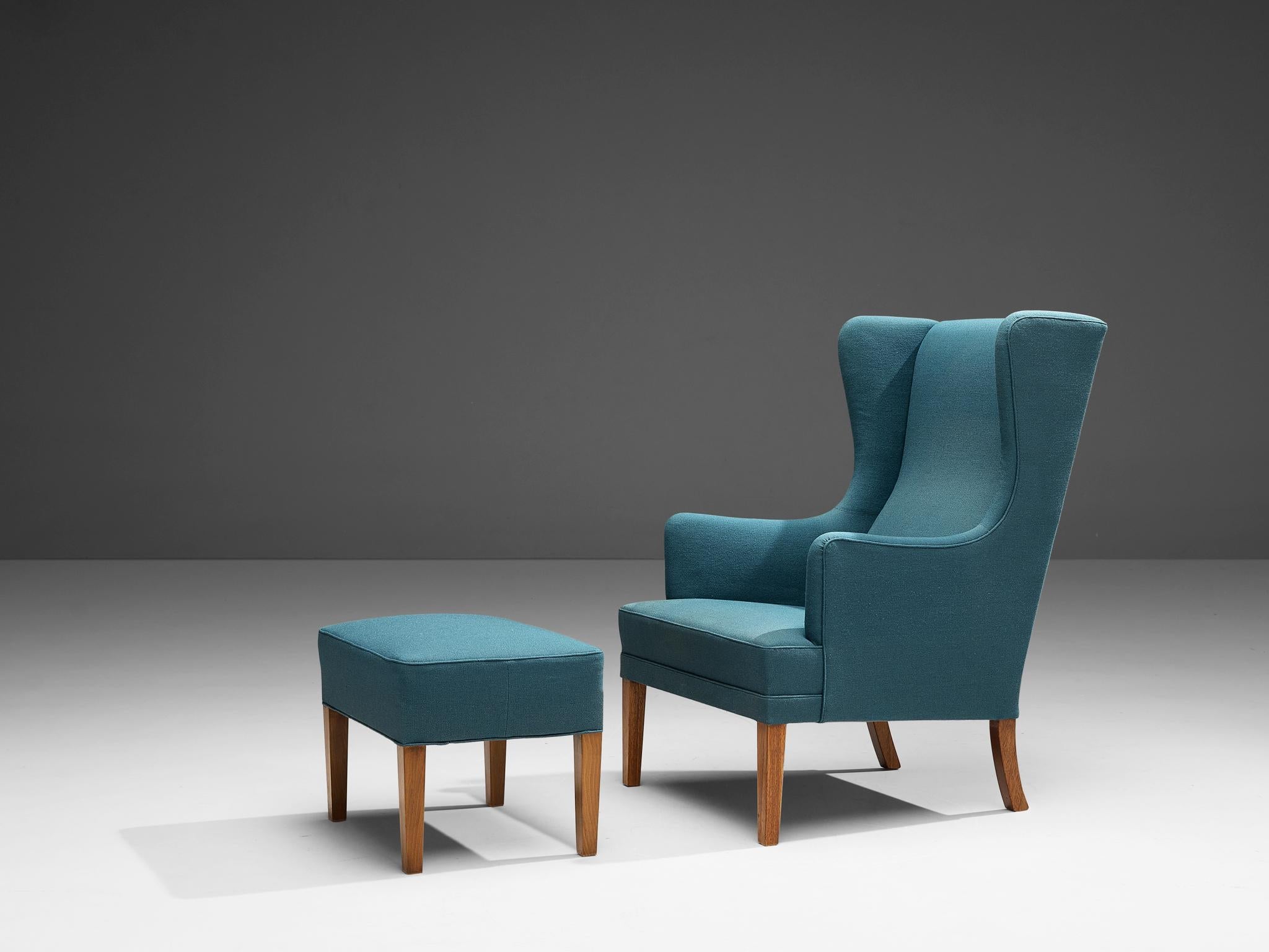 Danish Lounge Chair with Ottoman in Blue Upholstery