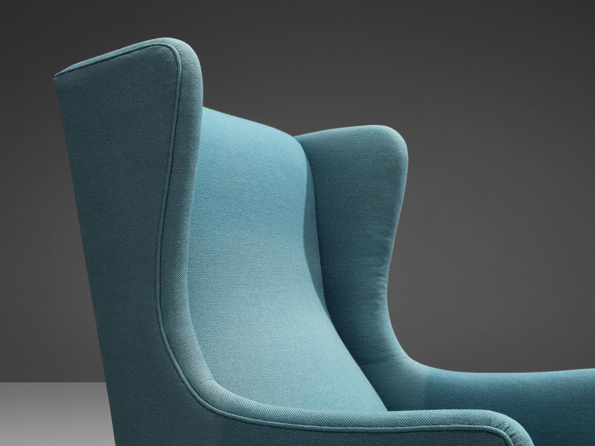 Danish Lounge Chair with Ottoman in Blue Upholstery