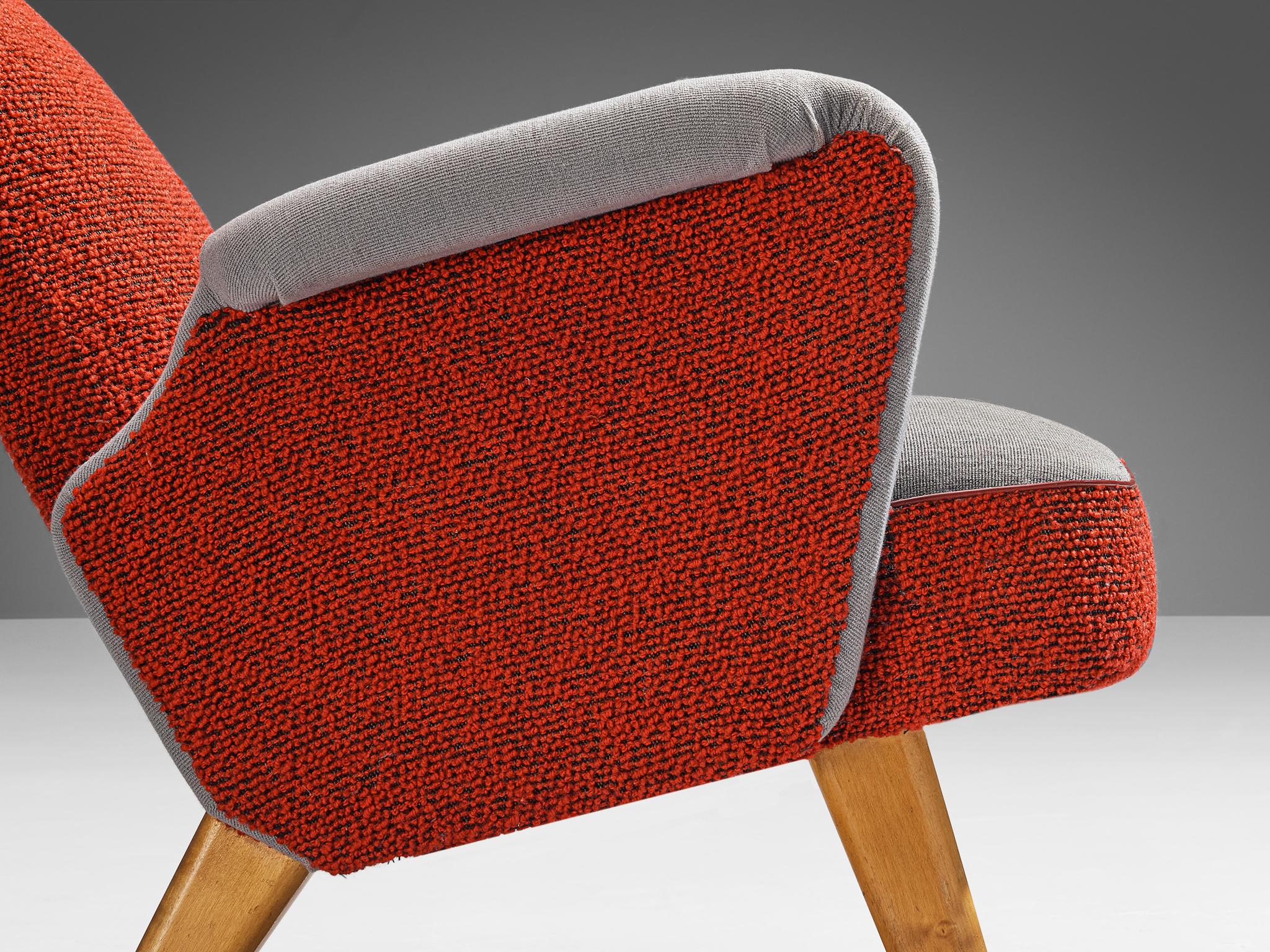 Carl Gustaf Hiort Wingback Chair in Red and Grey Upholstery