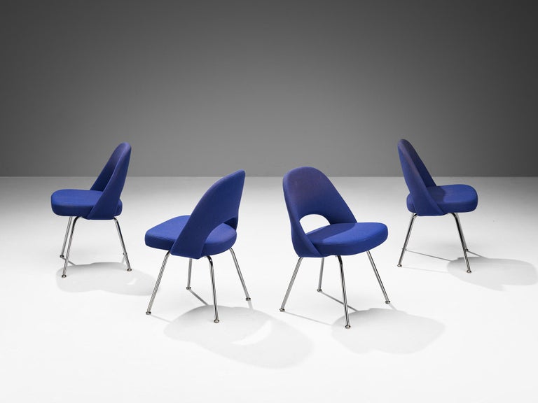 Eero Saarinen for Knoll Set of Four Dining Chairs in Blue Upholstery