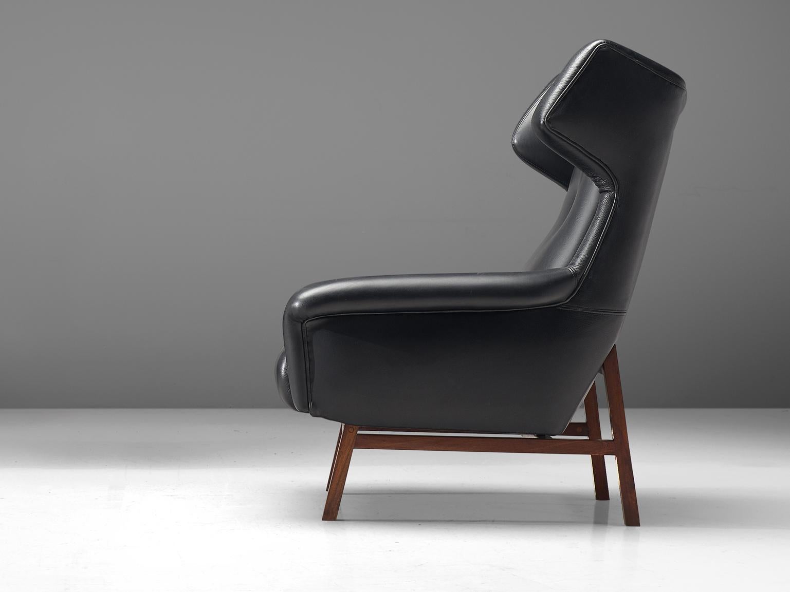 Italian Wingback Lounge Chair in Black Leather and Mahogany