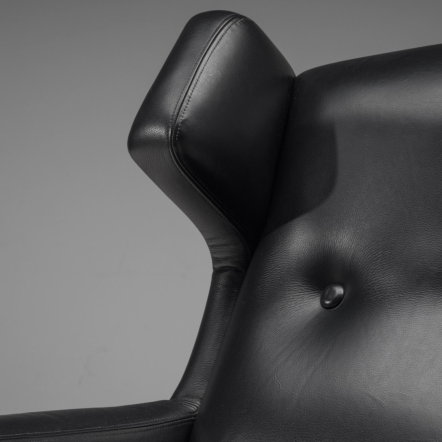 Italian Wingback Lounge Chair in Black Leather and Mahogany