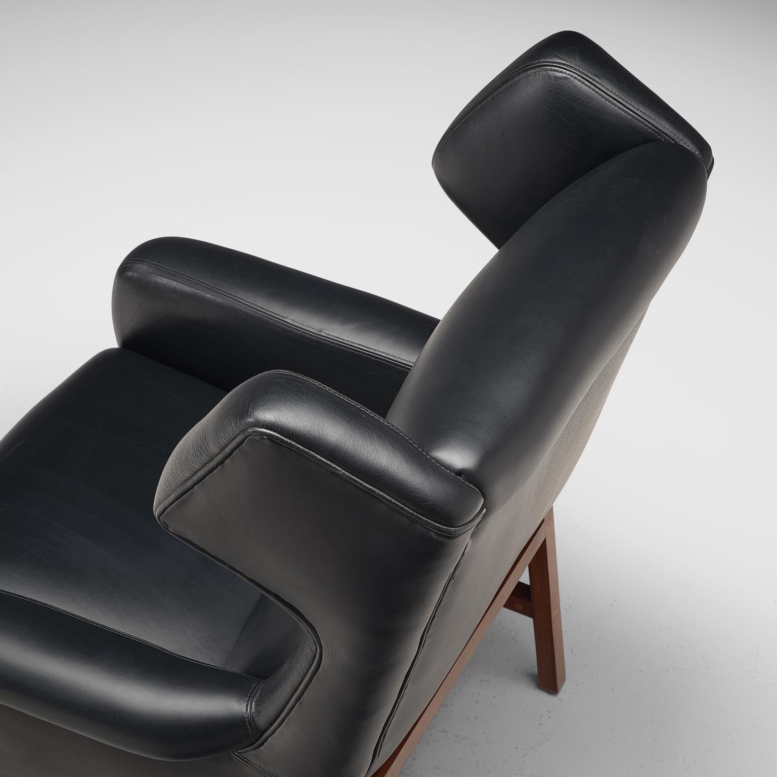 Italian Wingback Lounge Chair in Black Leather and Mahogany