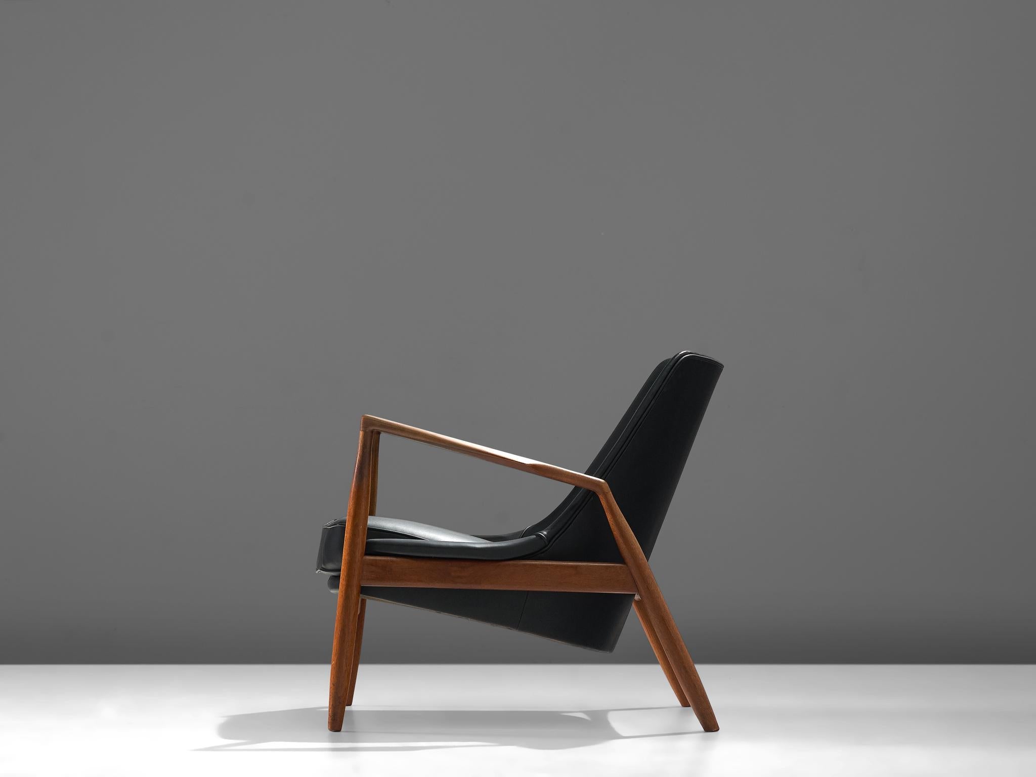 Ib Kofod Larsen Lounge Chair in Black Leather and Teak