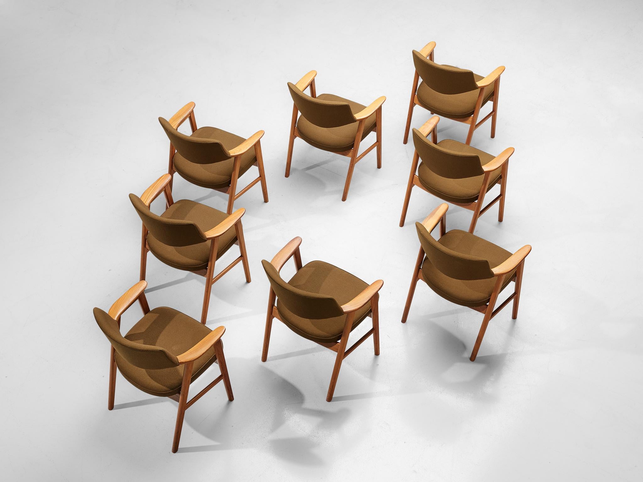 Erik Kirkegaard Set of Eight Armchairs in Oak and Brown Wool