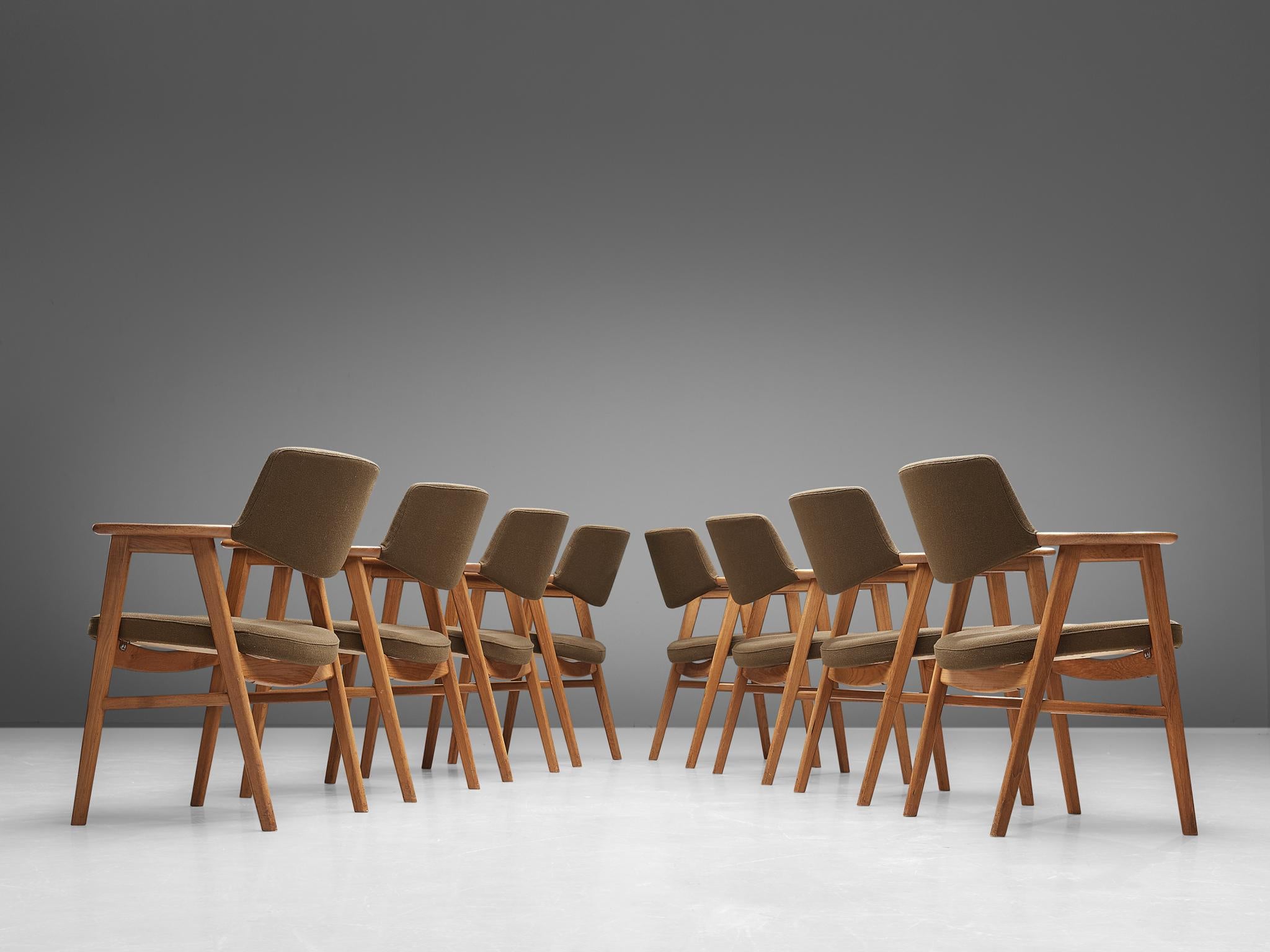 Erik Kirkegaard Set of Eight Armchairs in Oak and Brown Wool