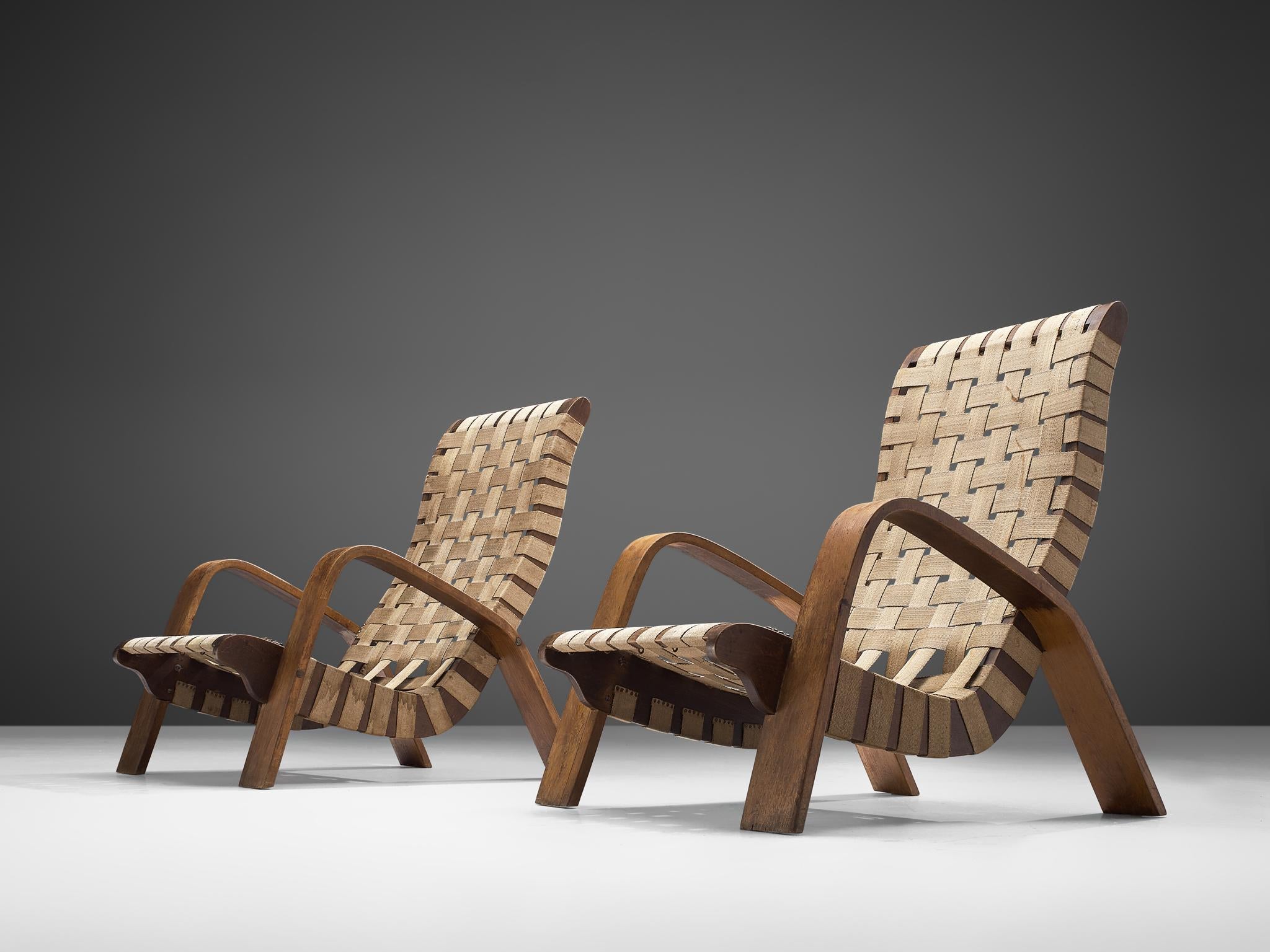 Sculptural Lounge Chairs with Ottomans in Canvas and Plywood