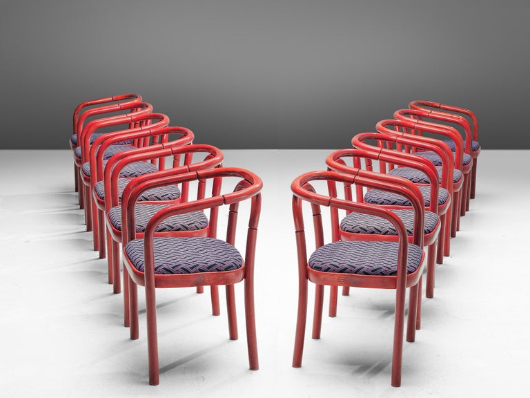 Antonín Šuman for TON Dining Chairs with Red Frames and Patterned Upholstery