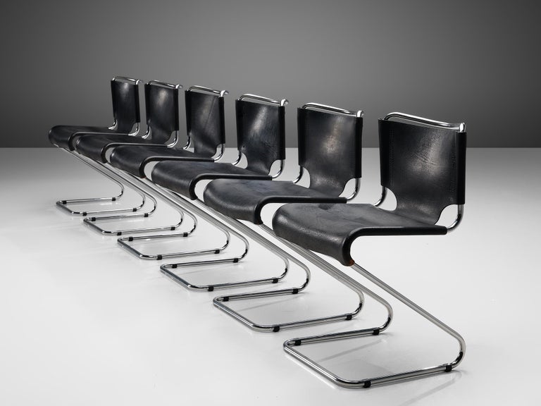 Set of Six 'Biscia' Chairs in Black Leather by Pascal Mourgue