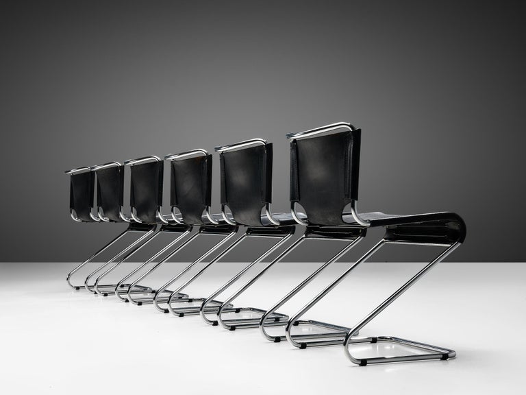 Set of Six 'Biscia' Chairs in Black Leather by Pascal Mourgue