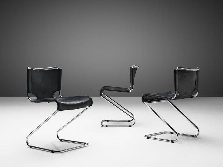 Set of Six 'Biscia' Chairs in Black Leather by Pascal Mourgue