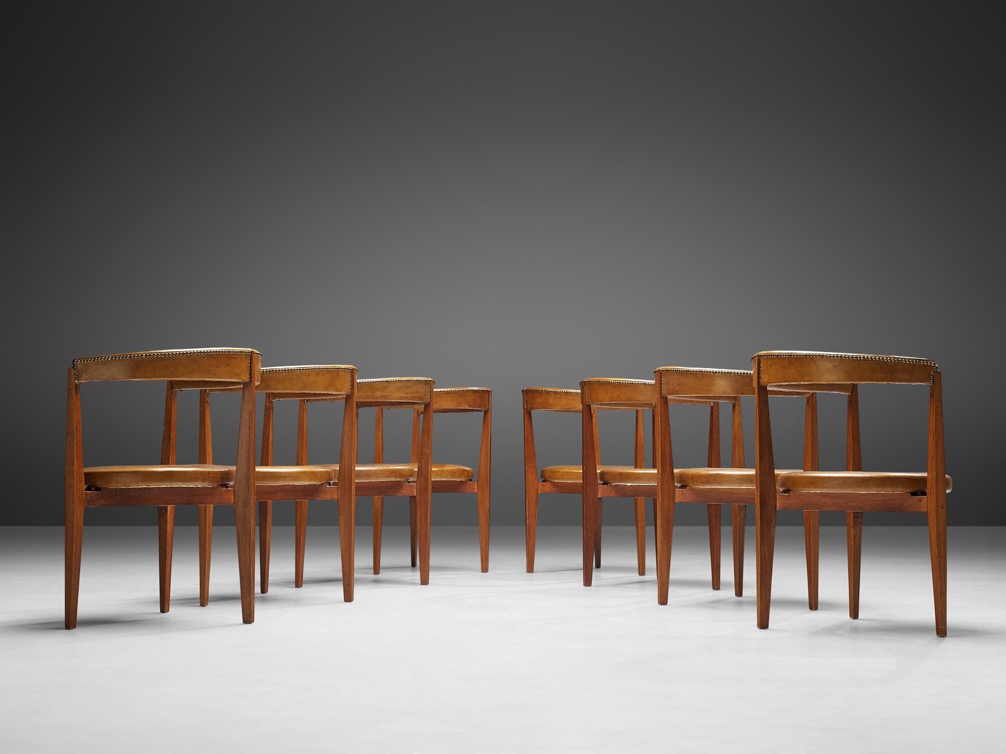 Guido Canali Set of Eight Rare Dining Chairs in Walnut and Cognac Leather