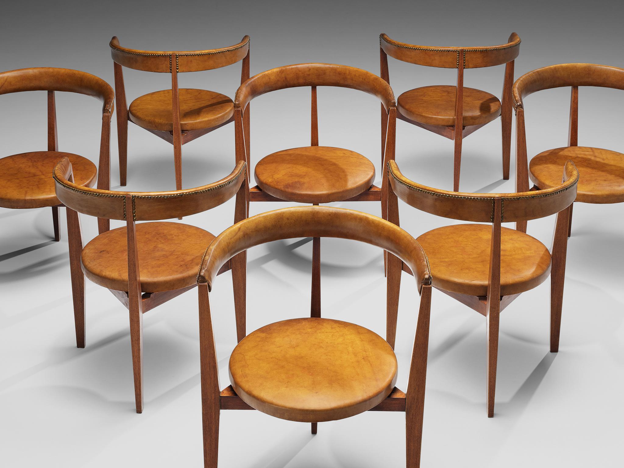 Guido Canali Set of Eight Rare Dining Chairs in Walnut and Cognac Leather