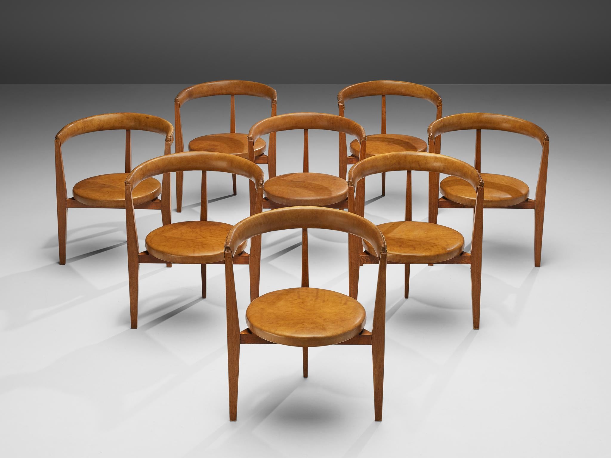 Guido Canali Set of Eight Rare Dining Chairs in Walnut and Cognac Leather